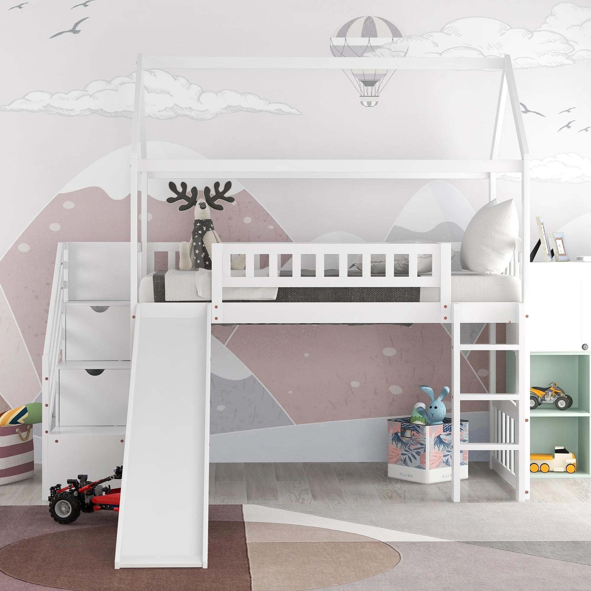 White Twin Size Playhouse Loft Bed With Drawers And Slide By Homeroots - Image 3
