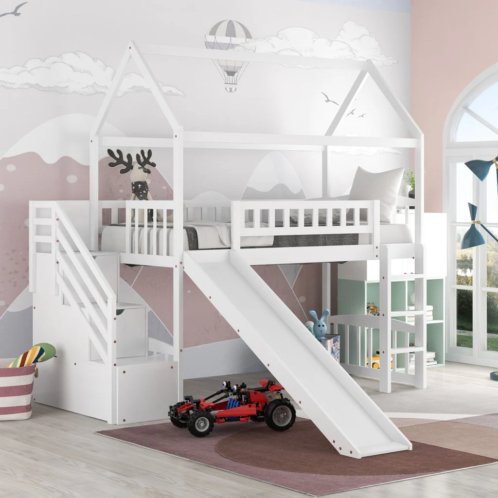 White Twin Size Playhouse Loft Bed With Drawers And Slide By Homeroots - Image 4