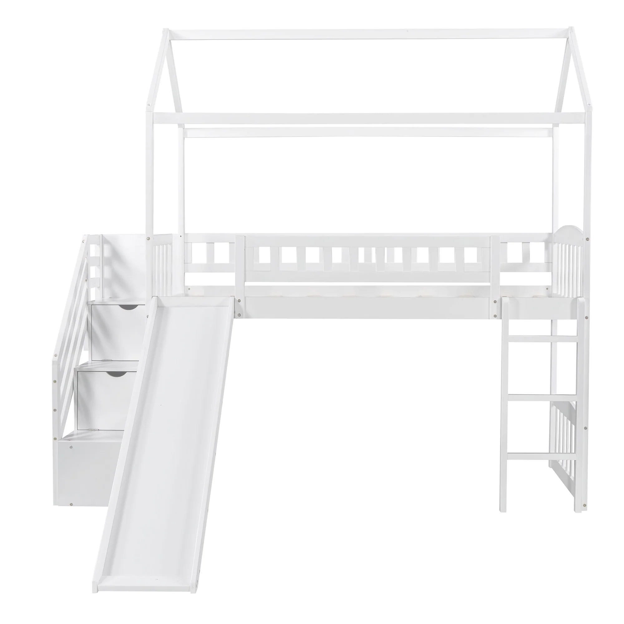 White Twin Size Playhouse Loft Bed With Drawers And Slide By Homeroots - Image 5