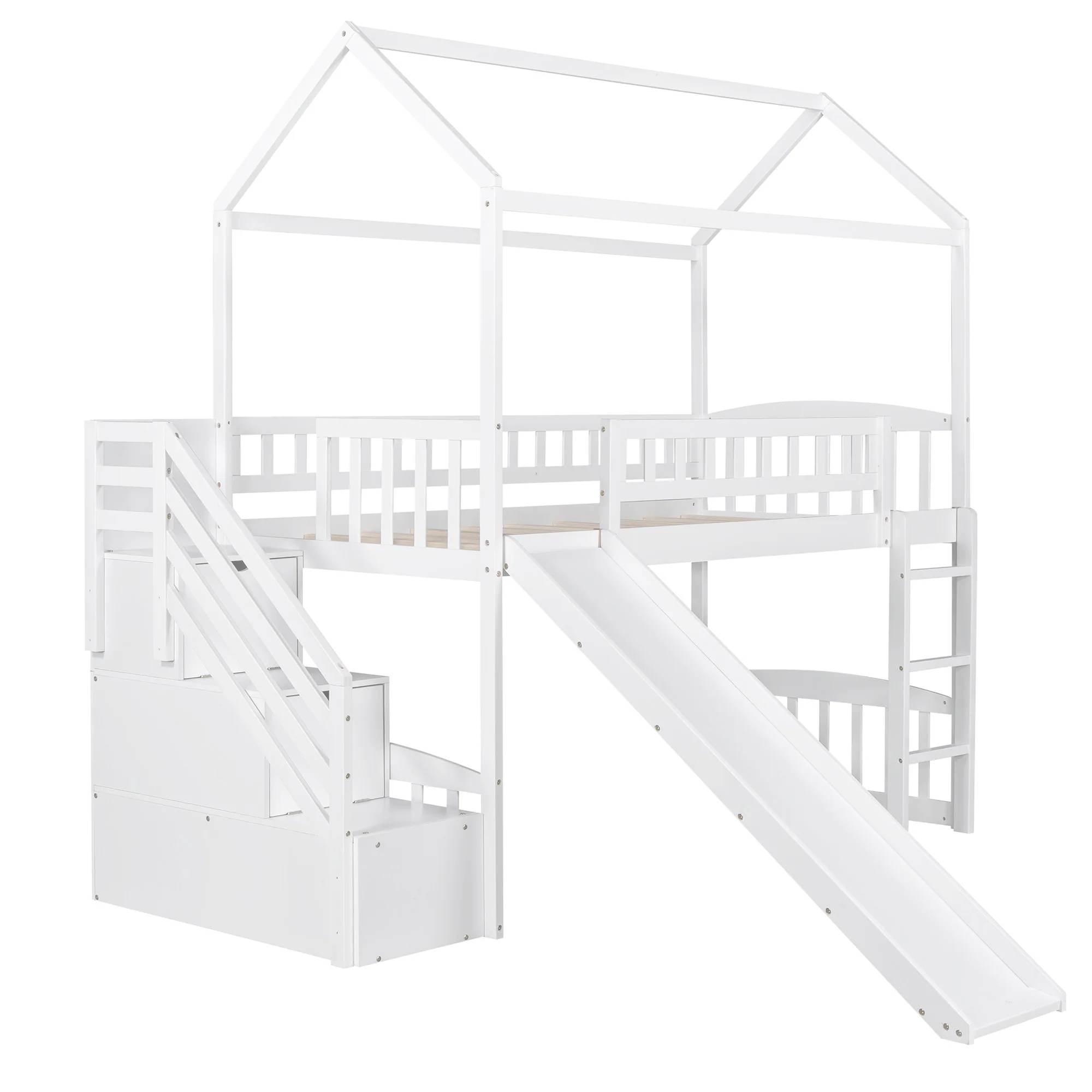 White Twin Size Playhouse Loft Bed With Drawers And Slide By Homeroots - Image 6