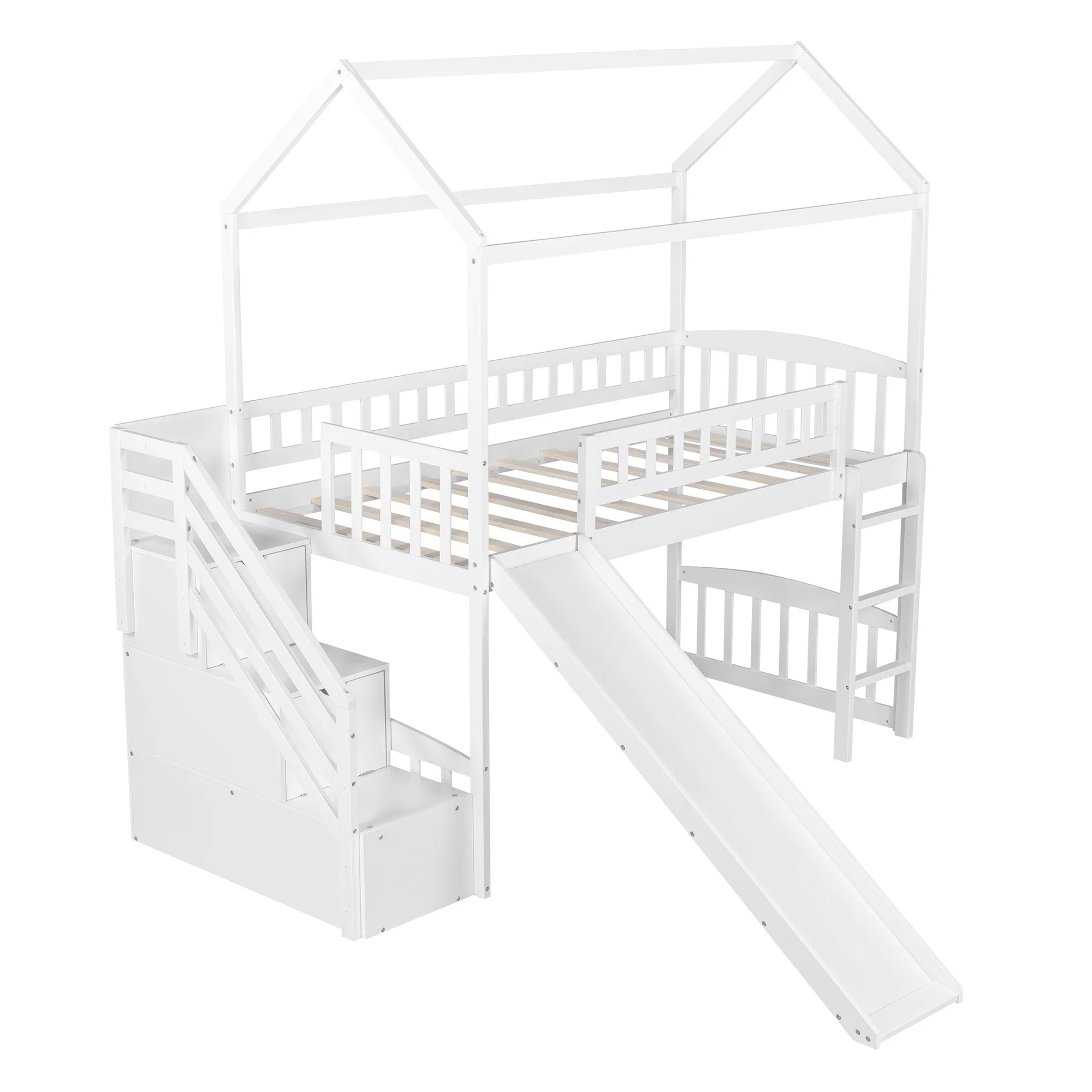 White Twin Size Playhouse Loft Bed With Drawers And Slide By Homeroots - Image 7