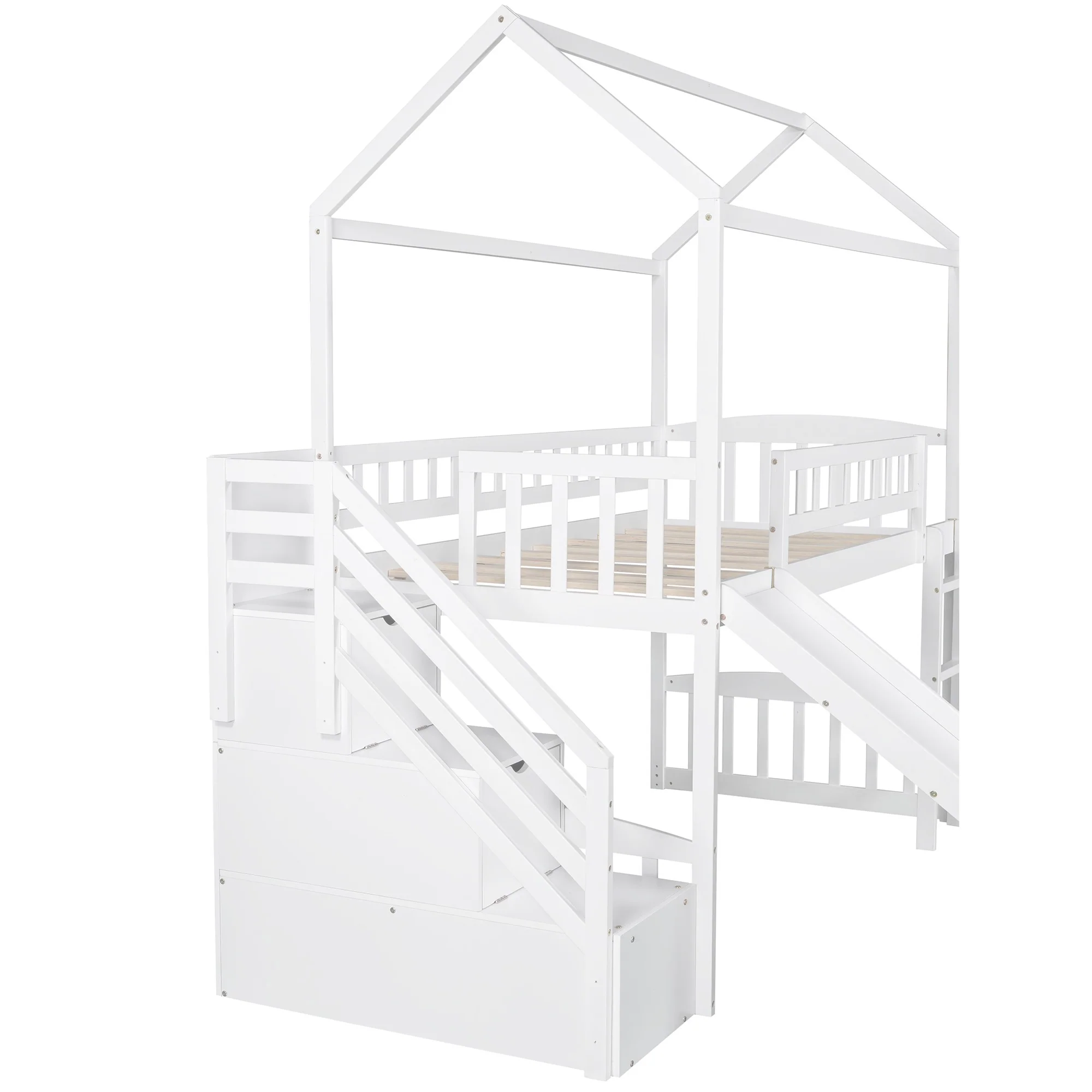 White Twin Size Playhouse Loft Bed With Drawers And Slide By Homeroots - Image 8