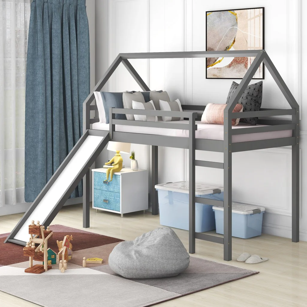 White Twin Size Slide House Loft Bed By Homeroots - Image 10