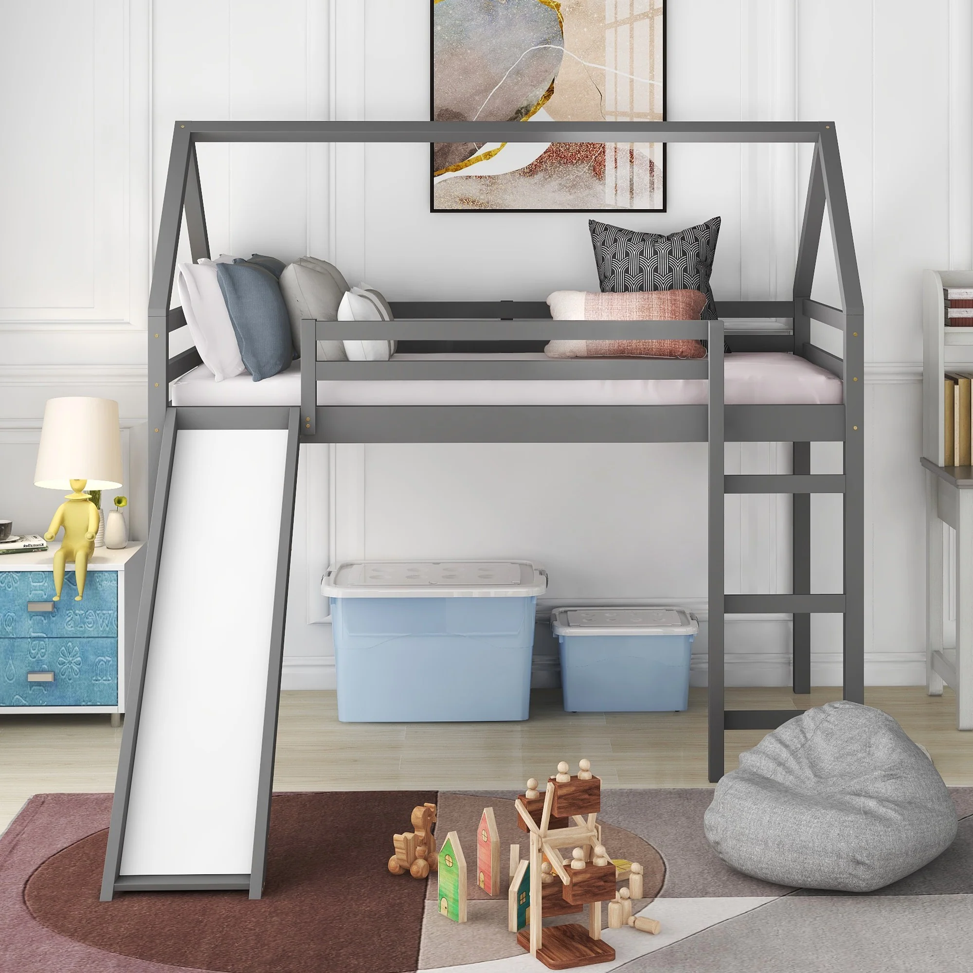 White Twin Size Slide House Loft Bed By Homeroots - Image 11