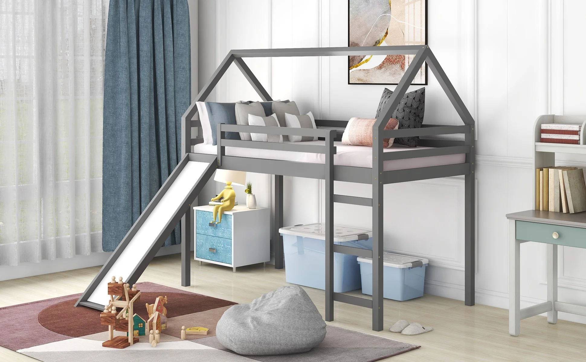 White Twin Size Slide House Loft Bed By Homeroots - Image 12