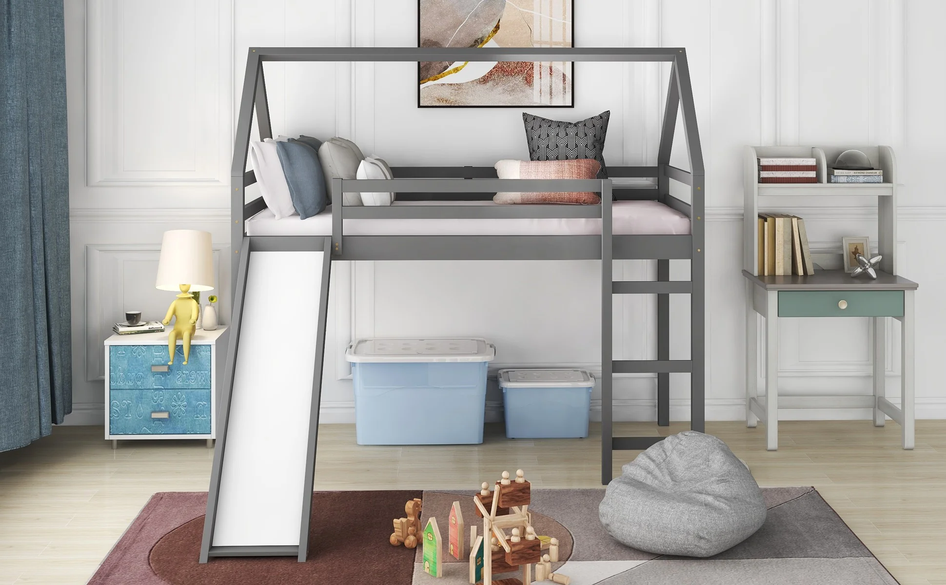 White Twin Size Slide House Loft Bed By Homeroots - Image 13