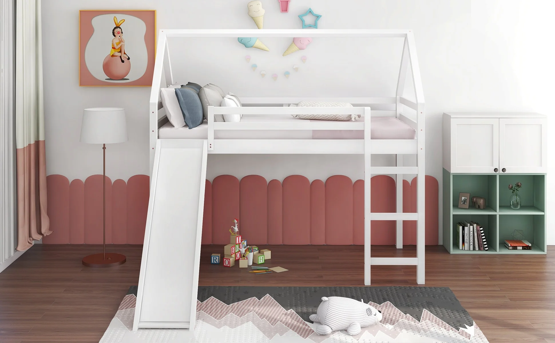 White Twin Size Slide House Loft Bed By Homeroots - Image 2