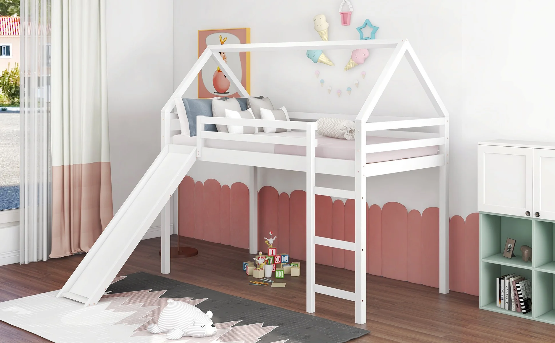 White Twin Size Slide House Loft Bed By Homeroots - Image 3