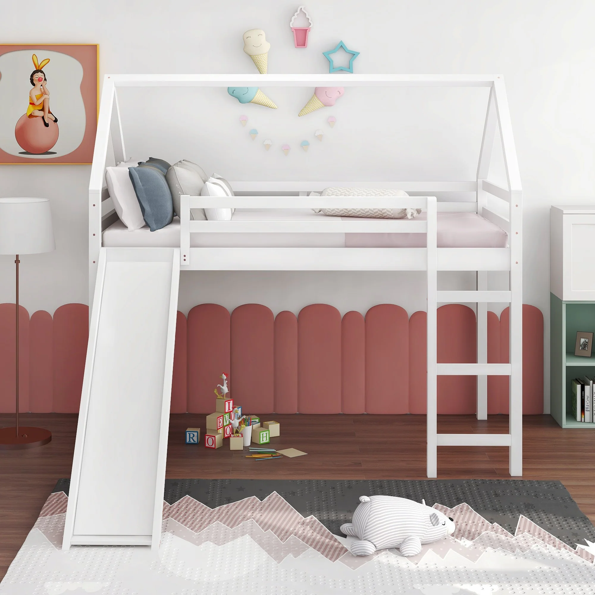 White Twin Size Slide House Loft Bed By Homeroots - Image 4