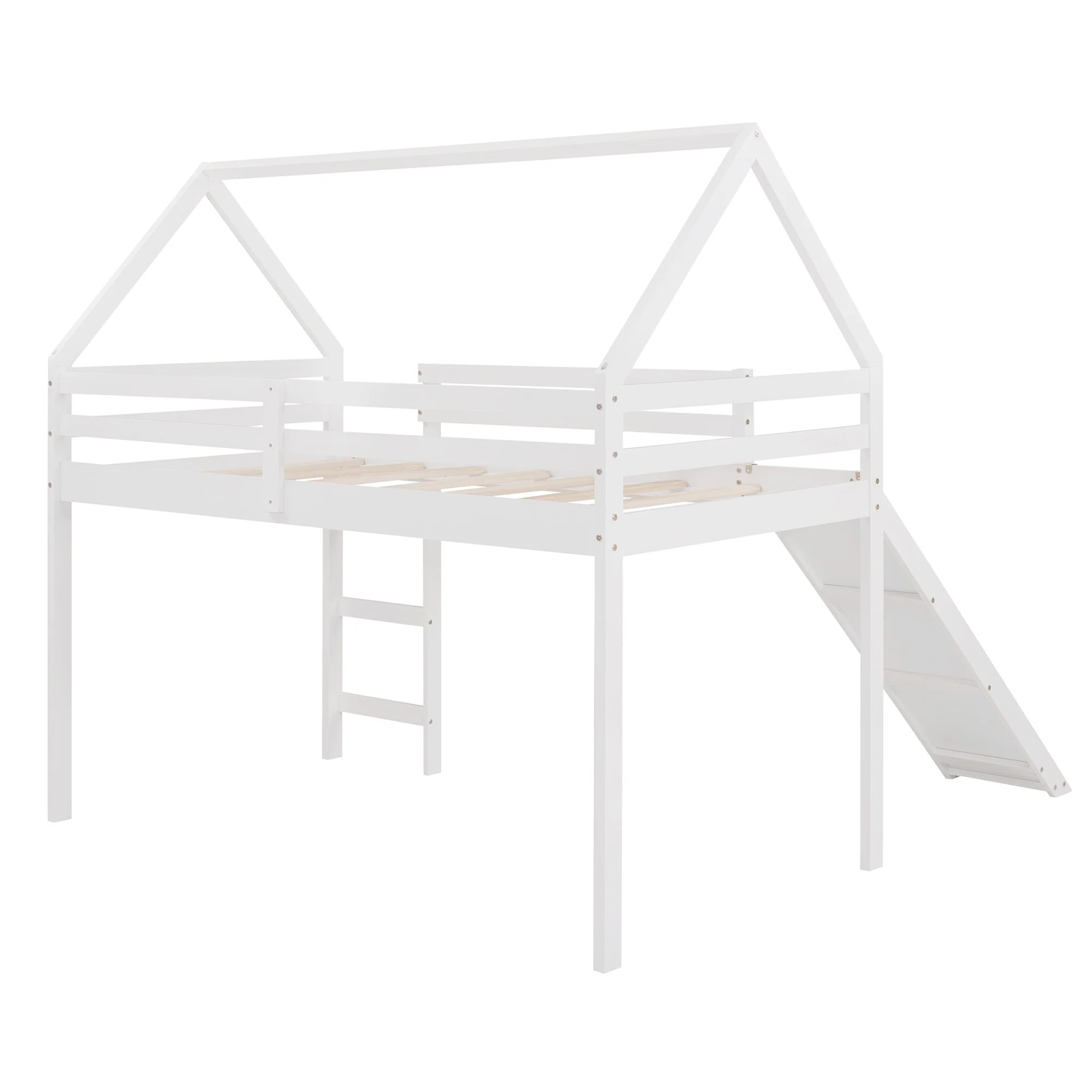 White Twin Size Slide House Loft Bed By Homeroots - Image 5