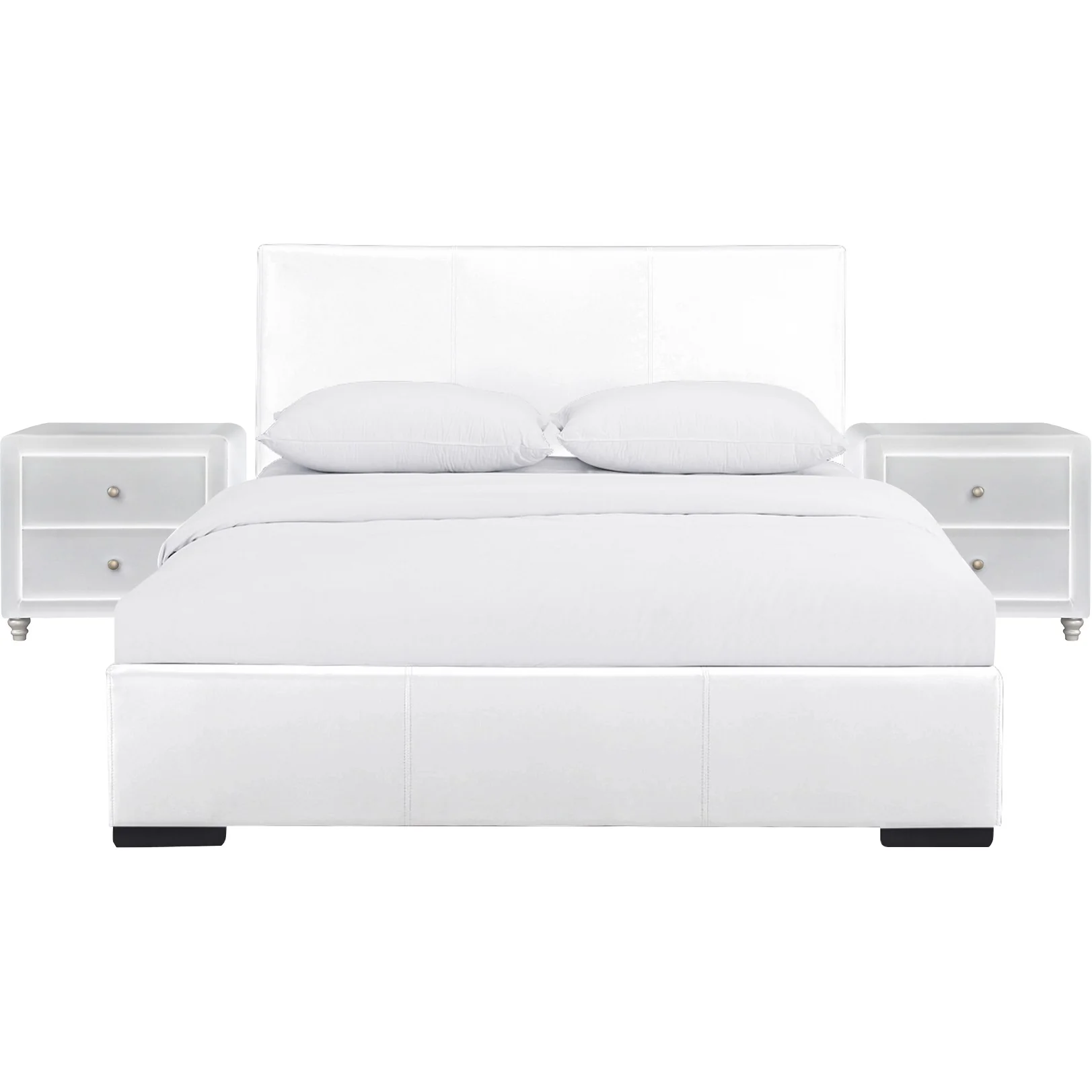 White Upholstered Platform King Bed With Two Nightstands By Homeroots - Image 2