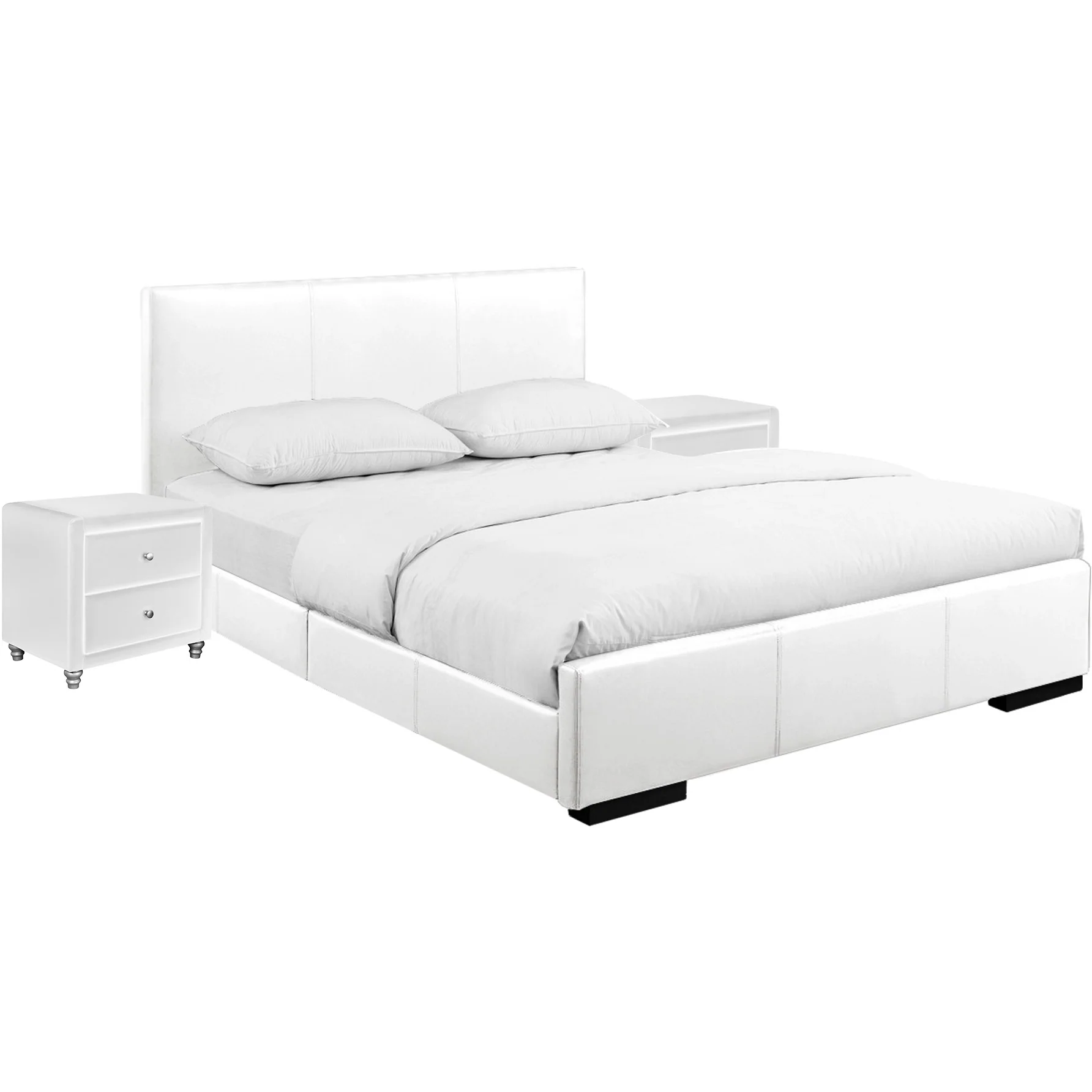 White Upholstered Platform Queen Bed With Two Nightstands By Homeroots - Image 3