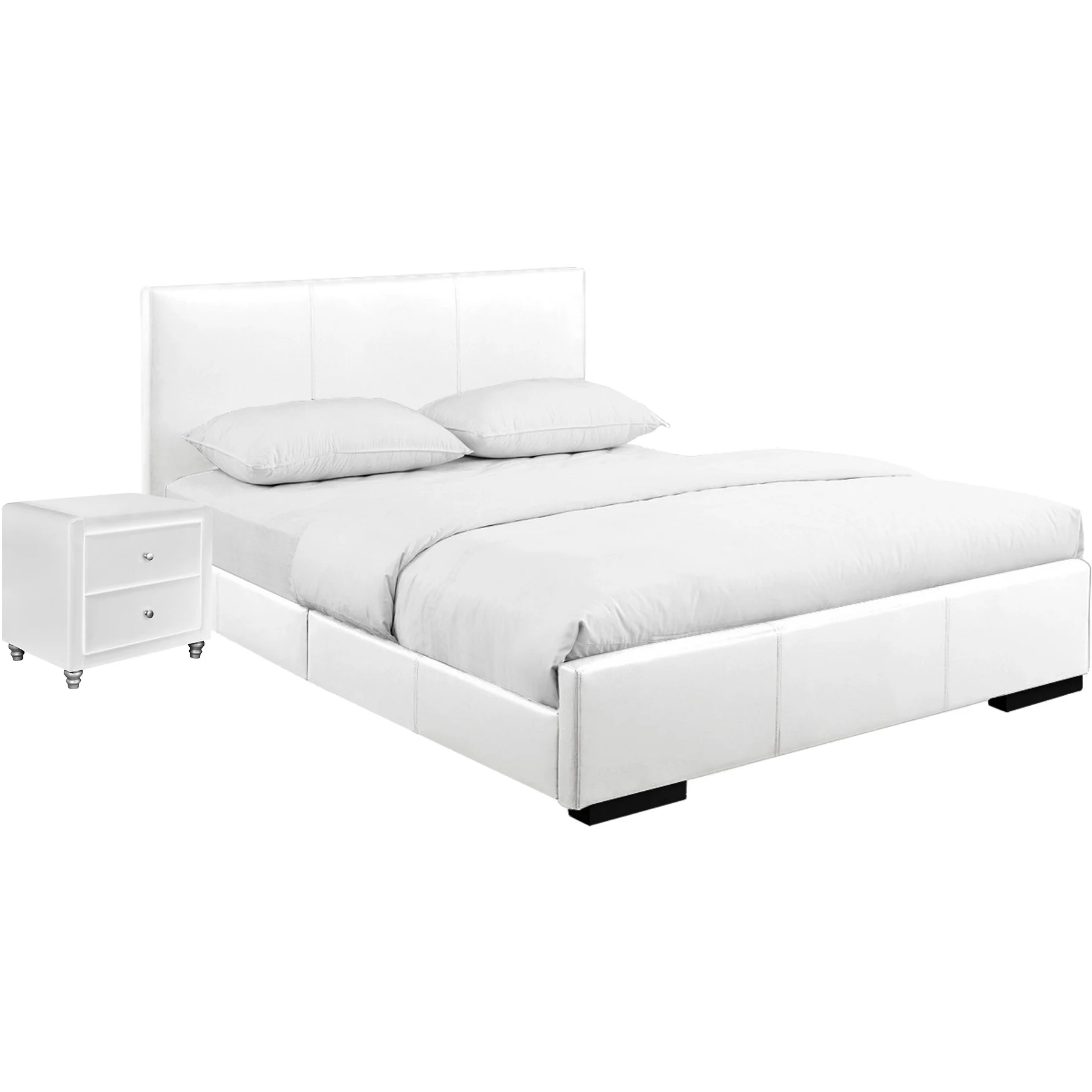White Upholstered Twin Platform Bed With Nightstand By Homeroots - Image 3