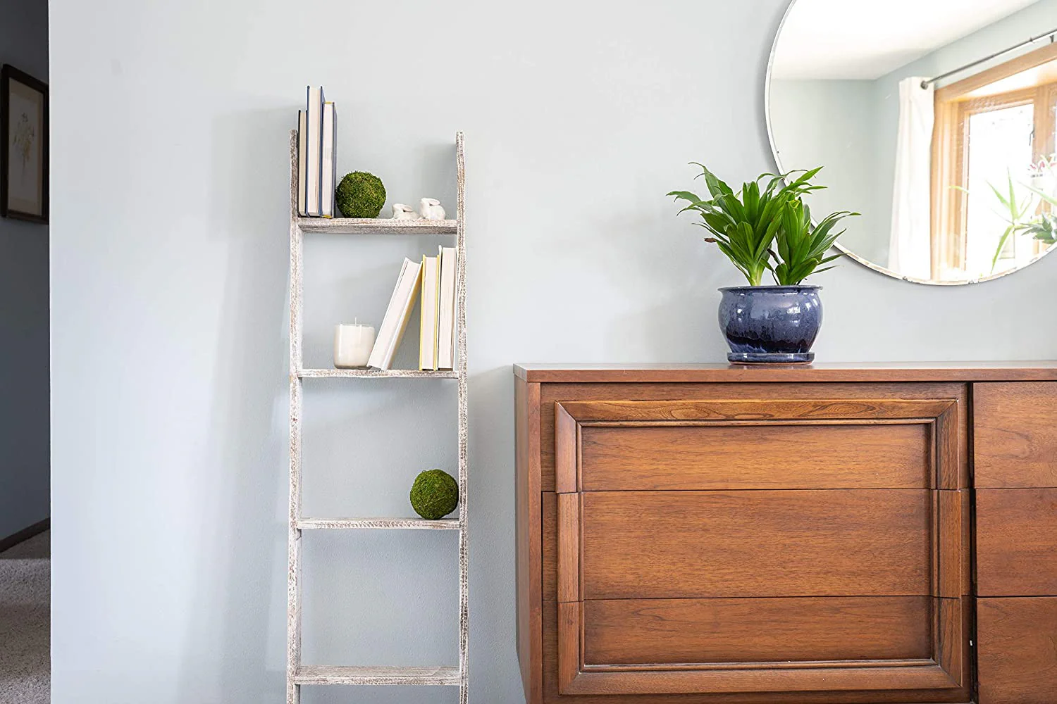 Whitewash Rustic Four Step Wood Ladder Shelf By Homeroots - Image 7