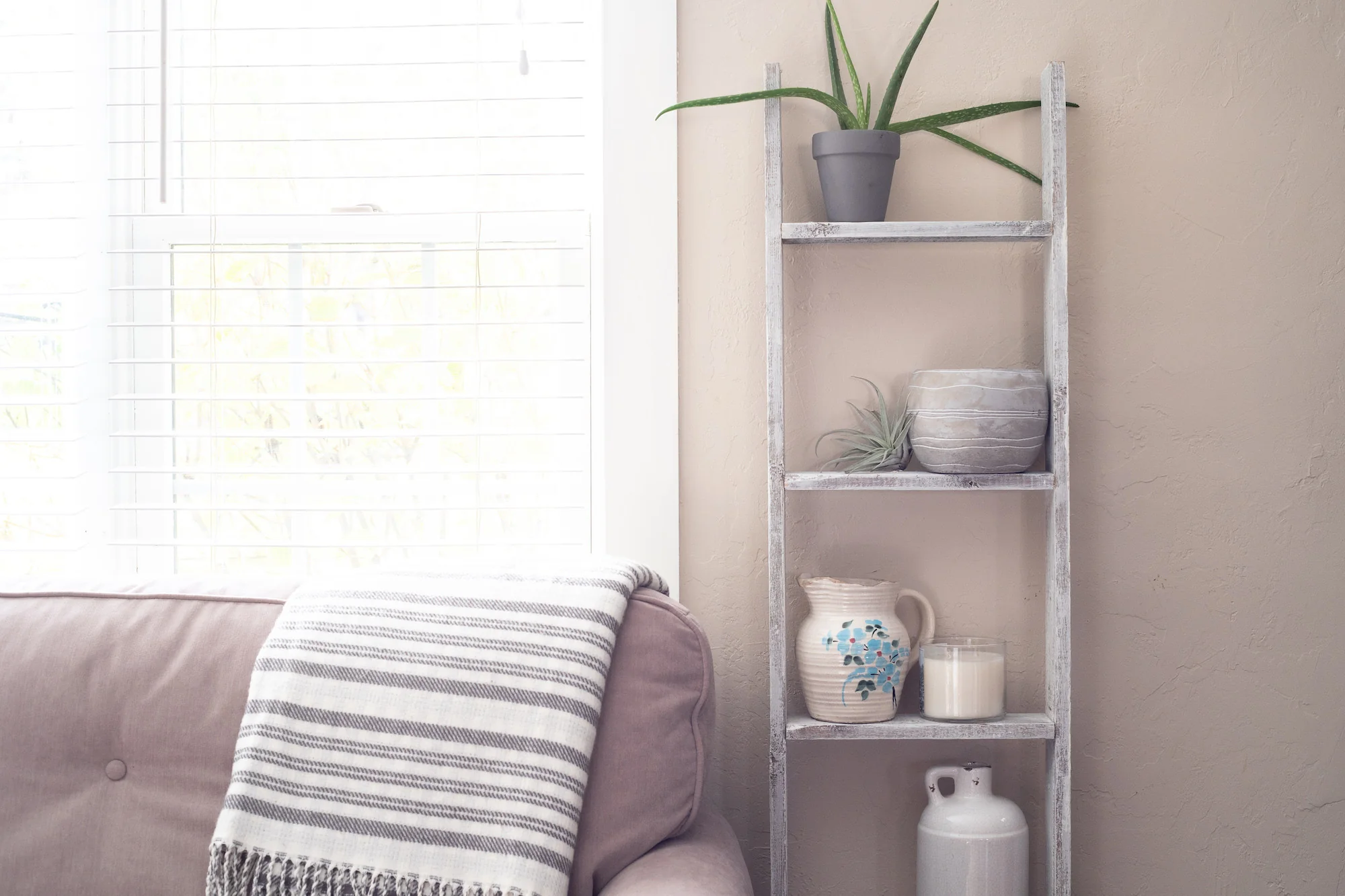 Whitewash Rustic Four Step Wood Ladder Shelf By Homeroots - Image 8