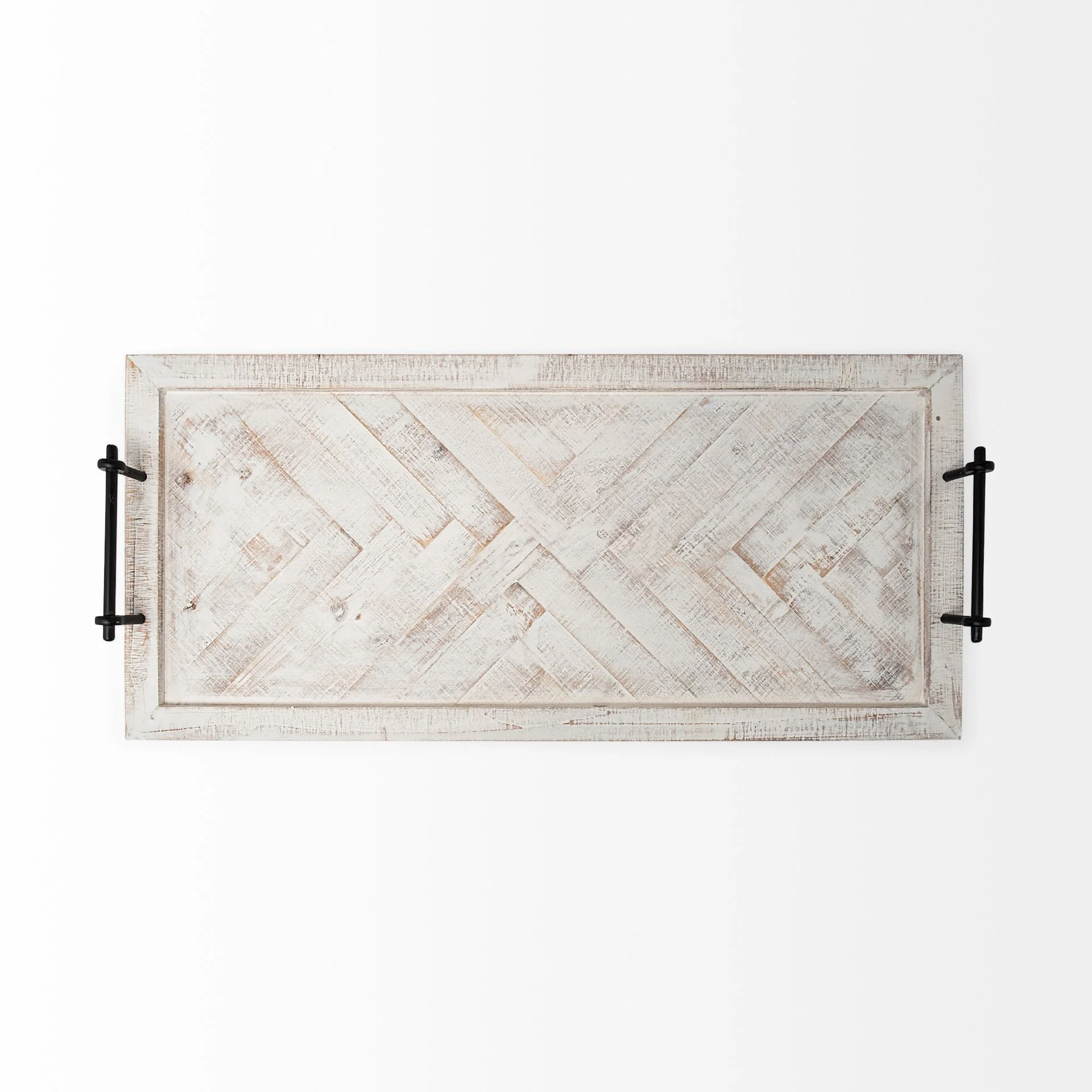 Whitewashed Tone Wood With Herringbone Pattern With Metal Raised Edges Tray By Homeroots - Image 3