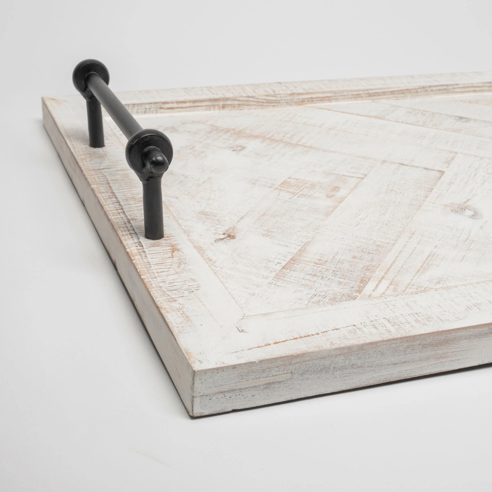 Whitewashed Tone Wood With Herringbone Pattern With Metal Raised Edges Tray By Homeroots - Image 4