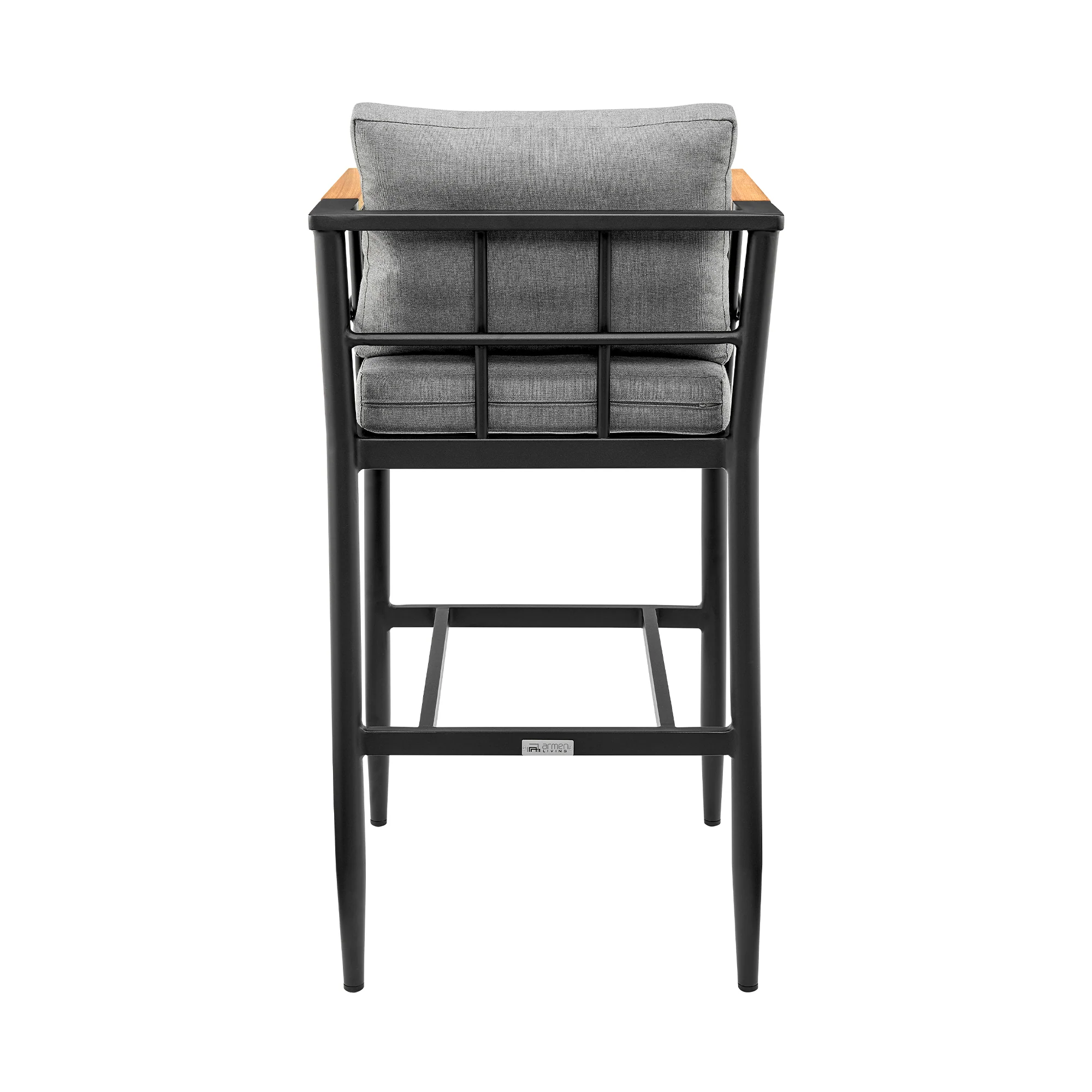 Wiglaf Outdoor Patio Bar Stool in Aluminum and Teak with Grey Cushions By Armen Living - Image 7