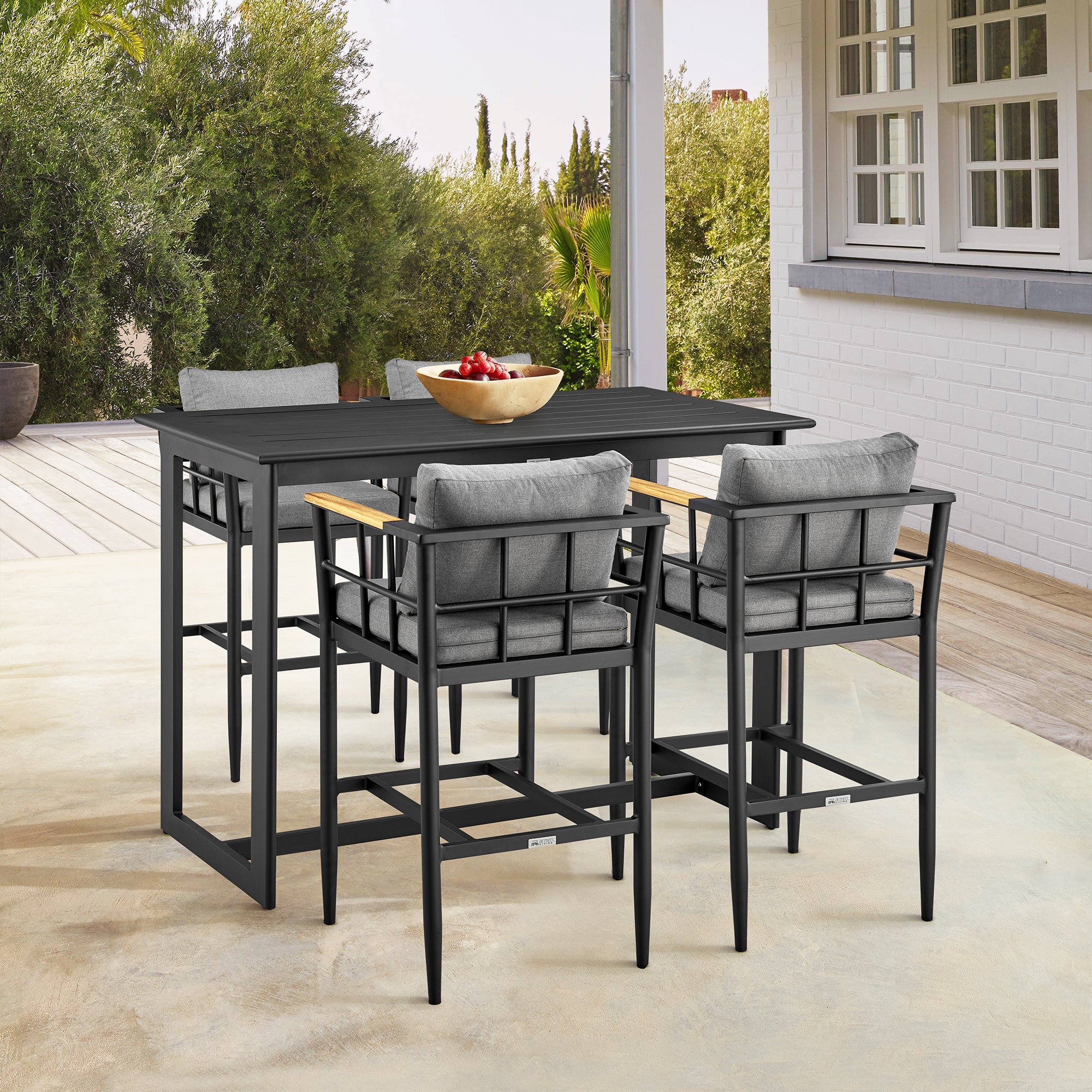 Wiglaf Outdoor Patio Counter Height Bar Stool in Aluminum and Teak with Grey Cushions By Armen Living - Image 3