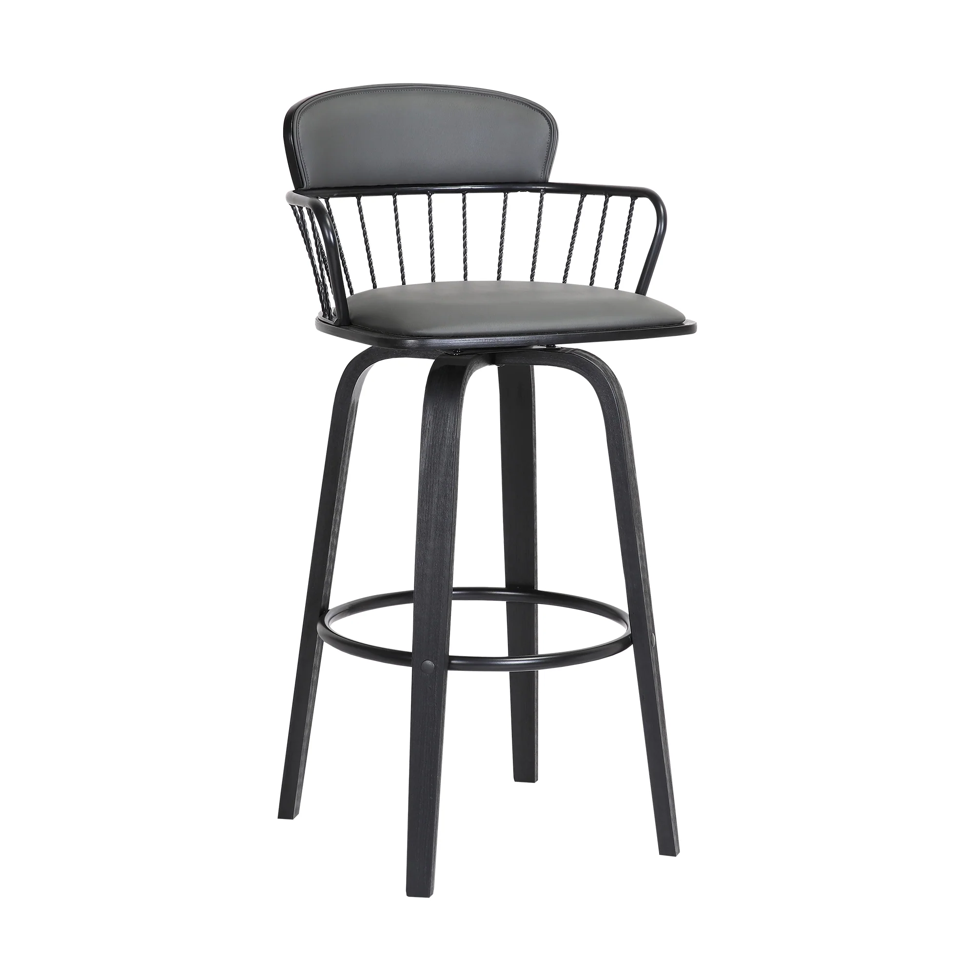 Willow 25.5" Swivel Black Wood Counter Stool in Grey Faux Leather with Black Metal By Armen Living - Image 2