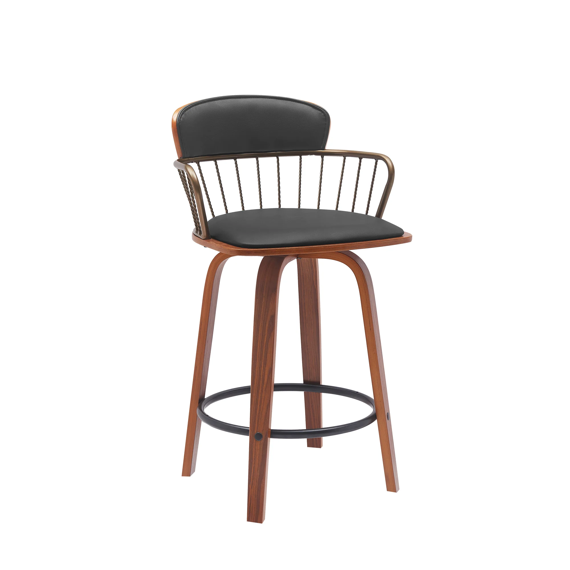 Willow 25.5" Swivel Walnut Wood Counter Stool in Gray Faux Leather with Golden Bronze Metal By Armen Living - Image 11