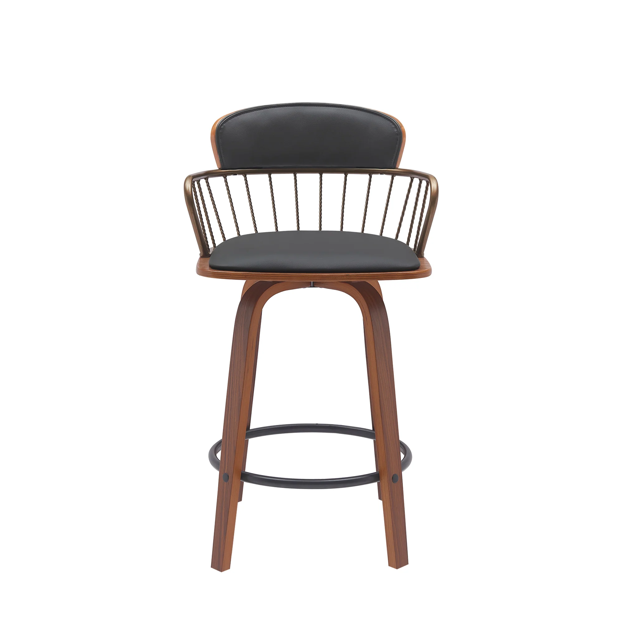 Willow 25.5" Swivel Walnut Wood Counter Stool in Gray Faux Leather with Golden Bronze Metal By Armen Living - Image 12