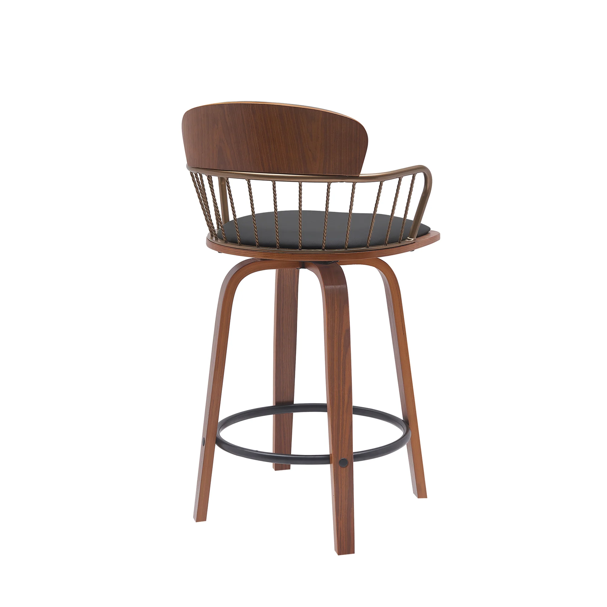 Willow 25.5" Swivel Walnut Wood Counter Stool in Gray Faux Leather with Golden Bronze Metal By Armen Living - Image 13