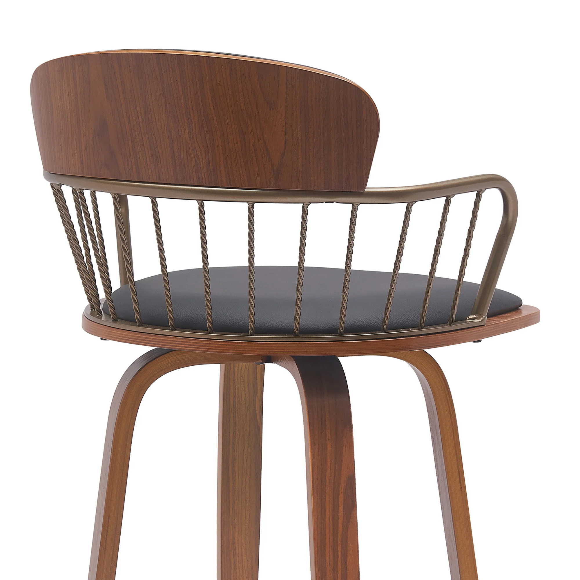 Willow 25.5" Swivel Walnut Wood Counter Stool in Gray Faux Leather with Golden Bronze Metal By Armen Living - Image 14
