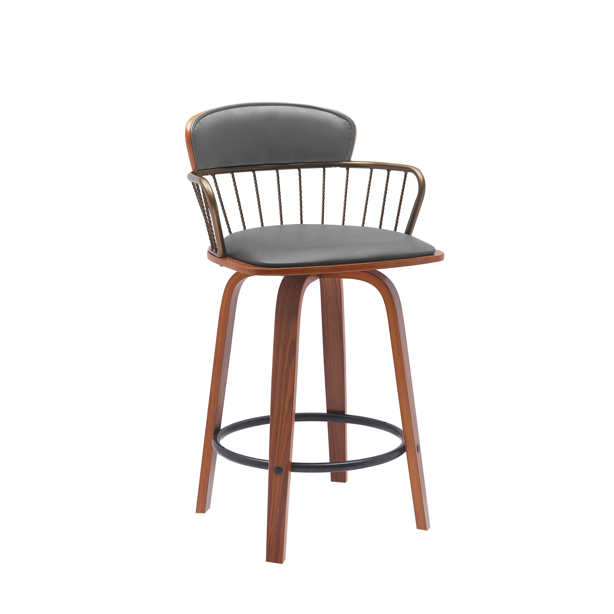 Willow 25.5" Swivel Walnut Wood Counter Stool in Gray Faux Leather with Golden Bronze Metal By Armen Living - Image 2