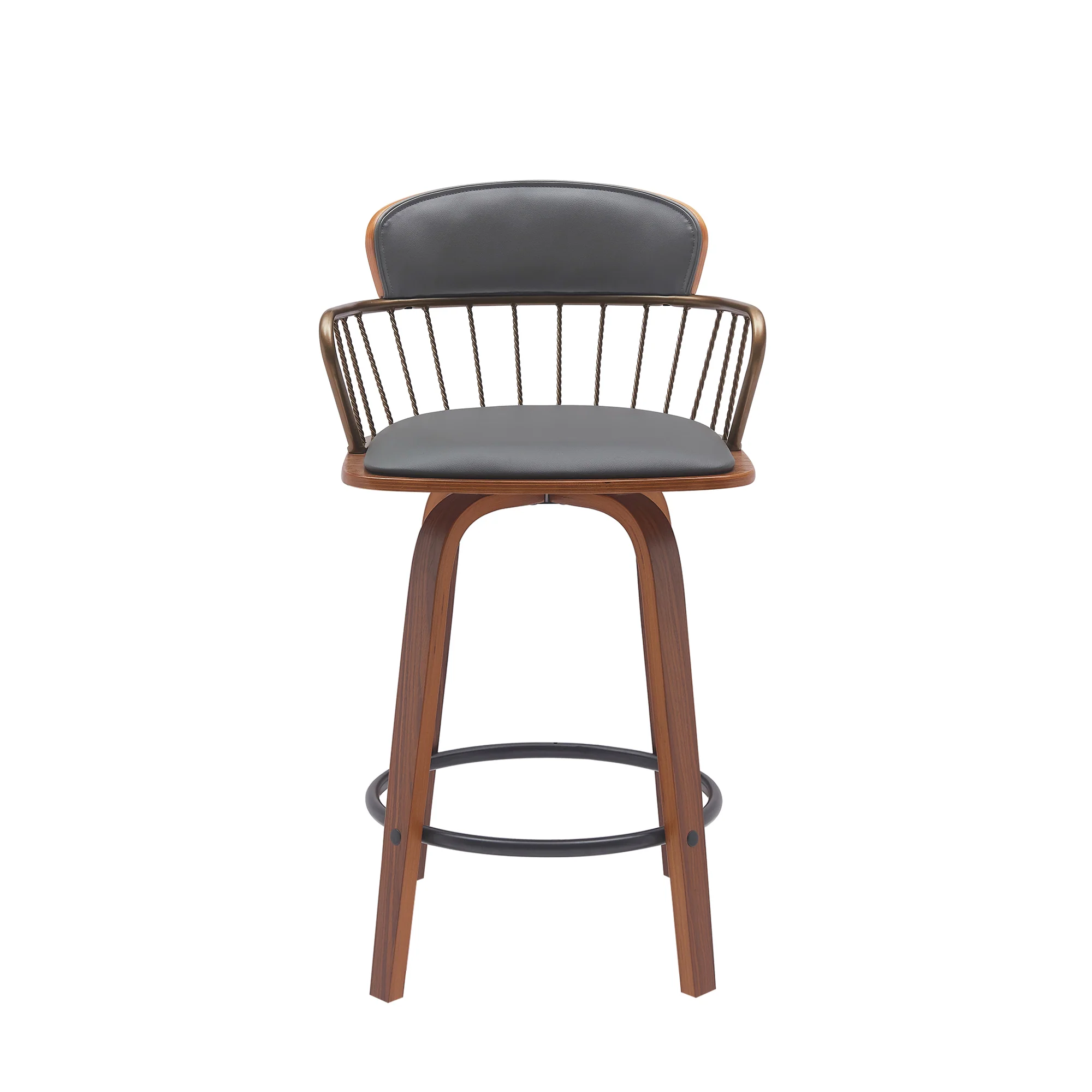 Willow 25.5" Swivel Walnut Wood Counter Stool in Gray Faux Leather with Golden Bronze Metal By Armen Living - Image 3
