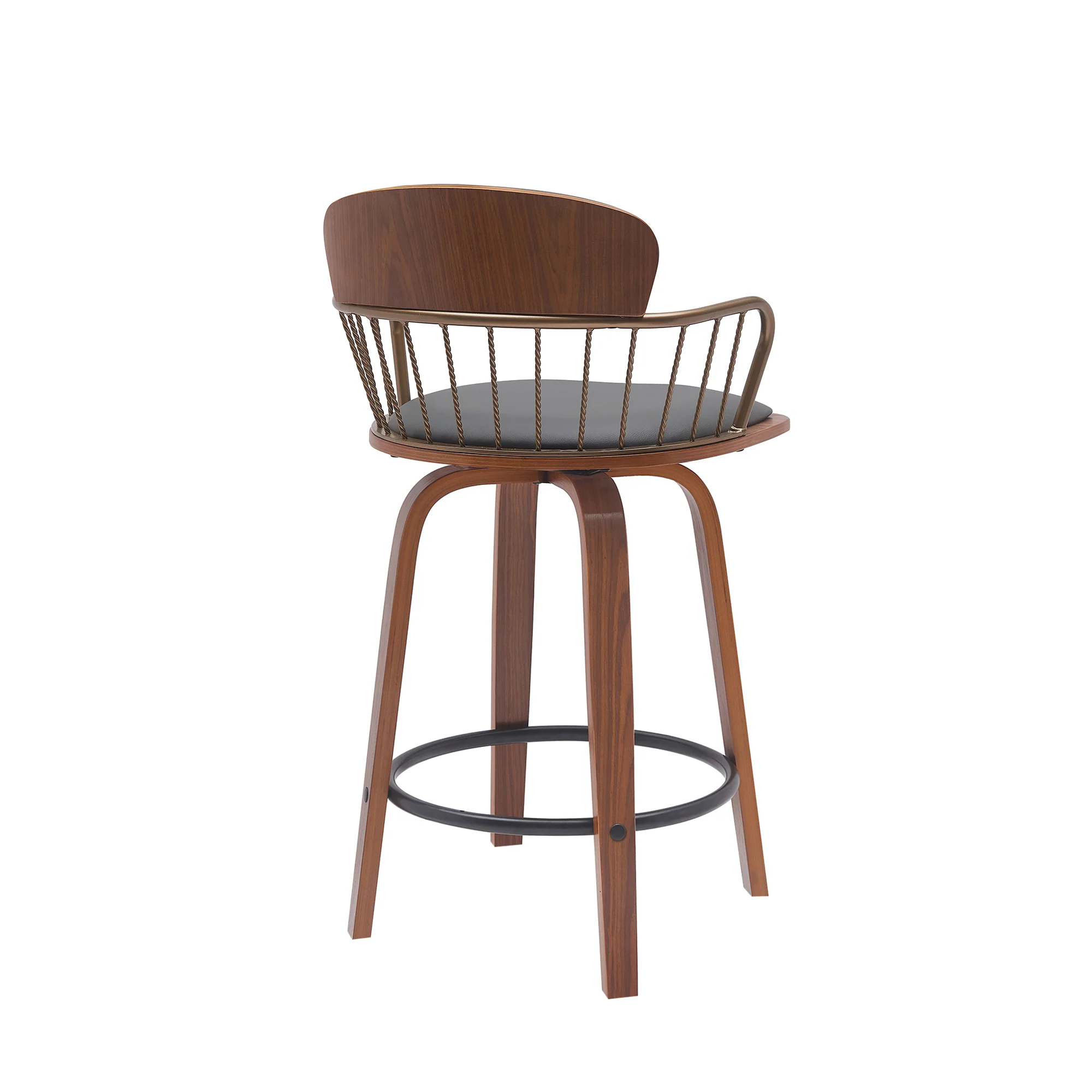 Willow 25.5" Swivel Walnut Wood Counter Stool in Gray Faux Leather with Golden Bronze Metal By Armen Living - Image 4