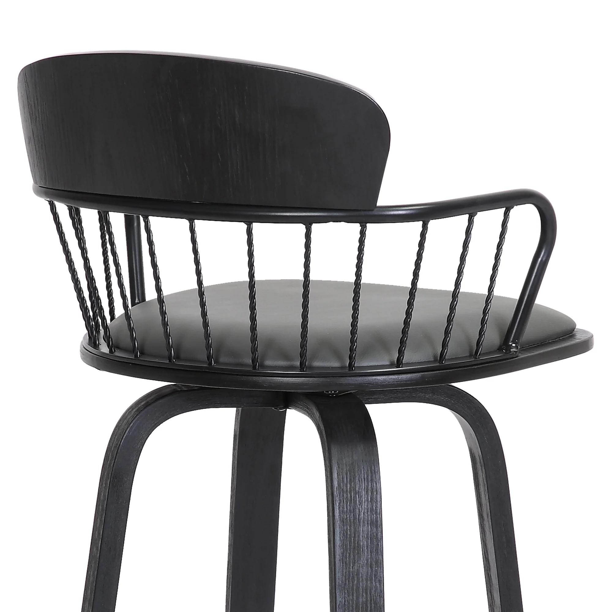Willow 30" Swivel Black Wood Bar Stool in Grey Faux Leather with Black Metal By Armen Living - Image 10
