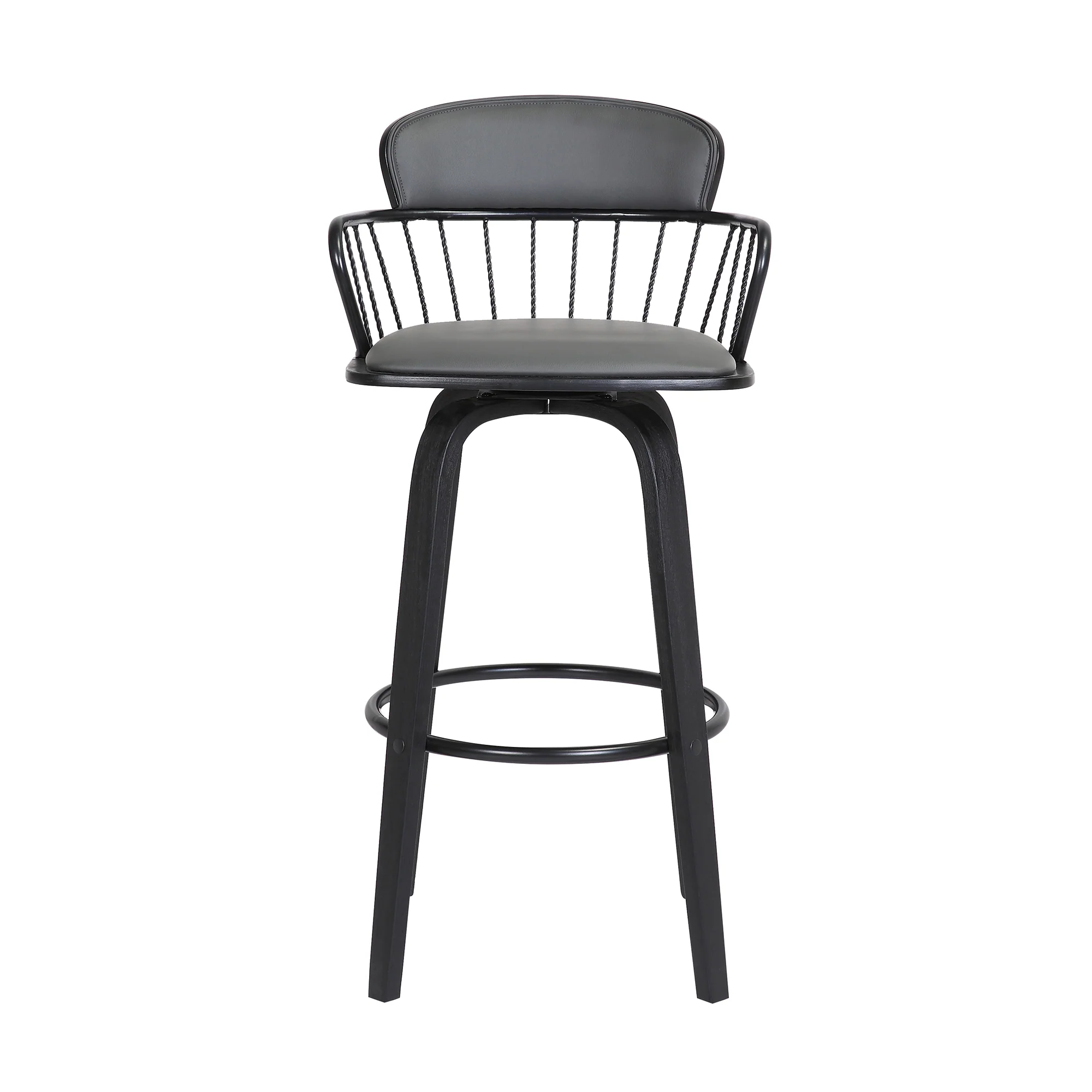 Willow 30" Swivel Black Wood Bar Stool in Grey Faux Leather with Black Metal By Armen Living - Image 3