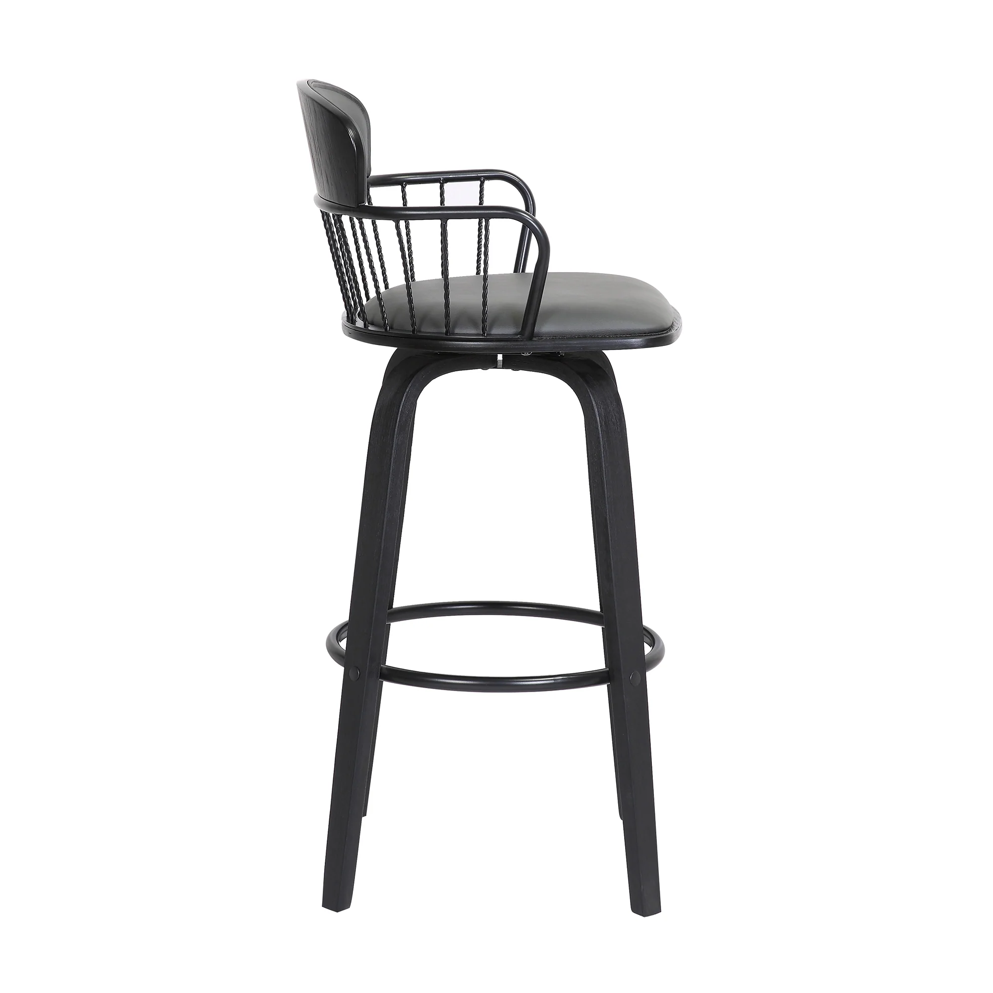 Willow 30" Swivel Black Wood Bar Stool in Grey Faux Leather with Black Metal By Armen Living - Image 4