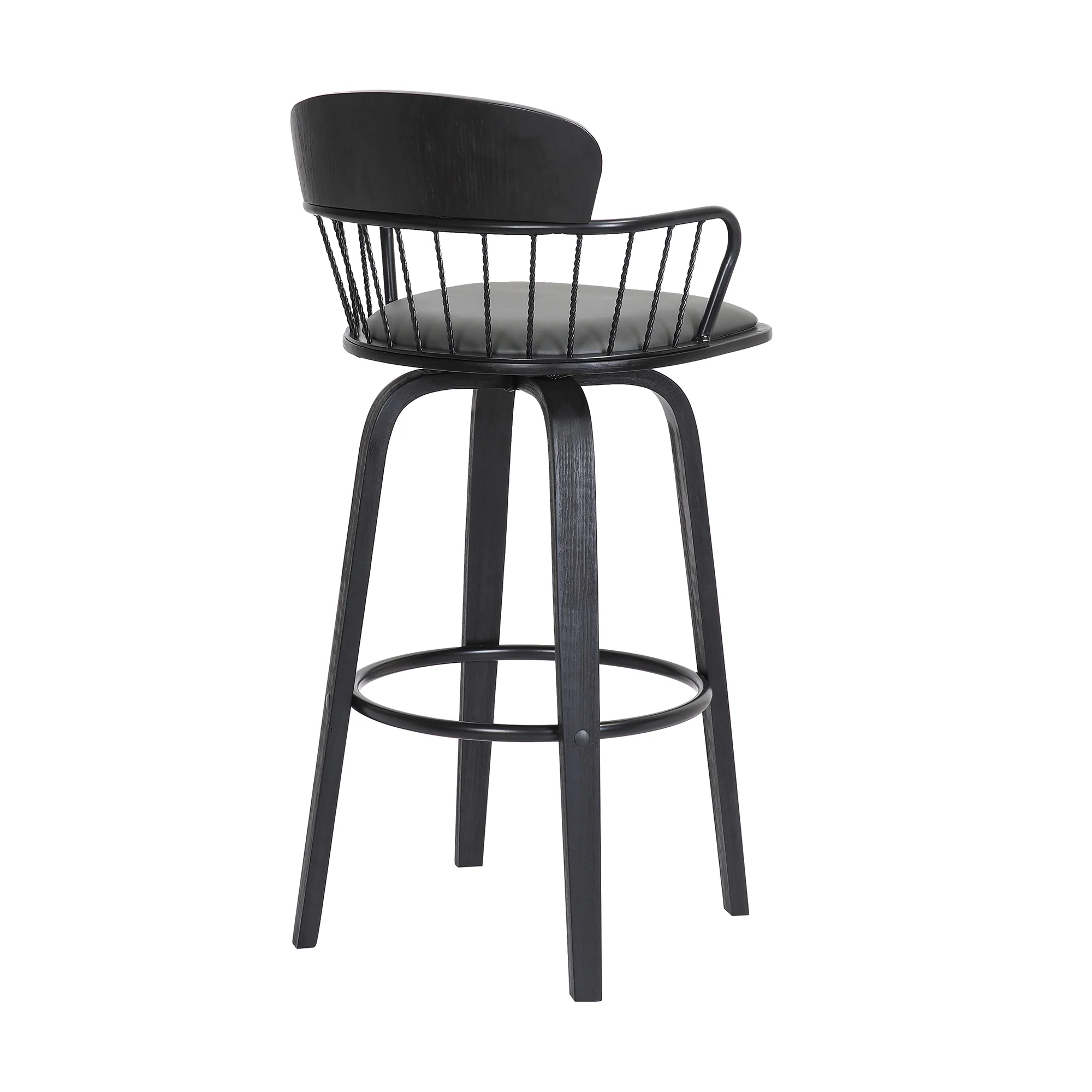 Willow 30" Swivel Black Wood Bar Stool in Grey Faux Leather with Black Metal By Armen Living - Image 5