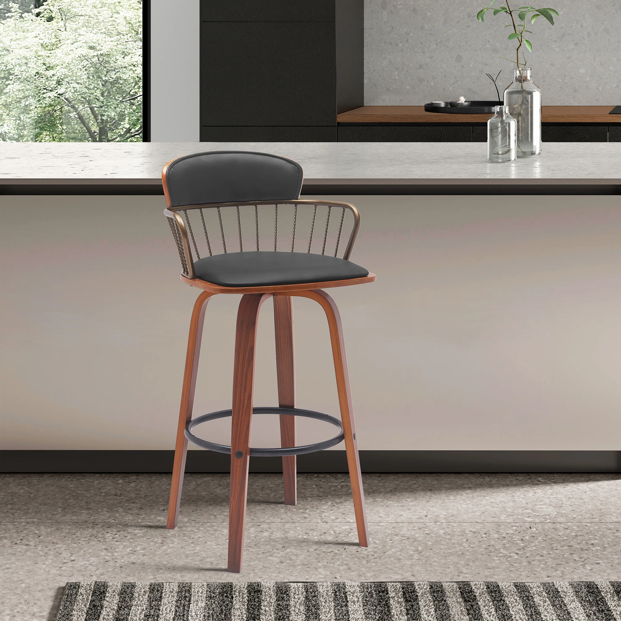 Willow 30" Swivel Walnut Wood Bar Stool in Gray Faux Leather with Golden Bronze Metal By Armen Living - Image 10
