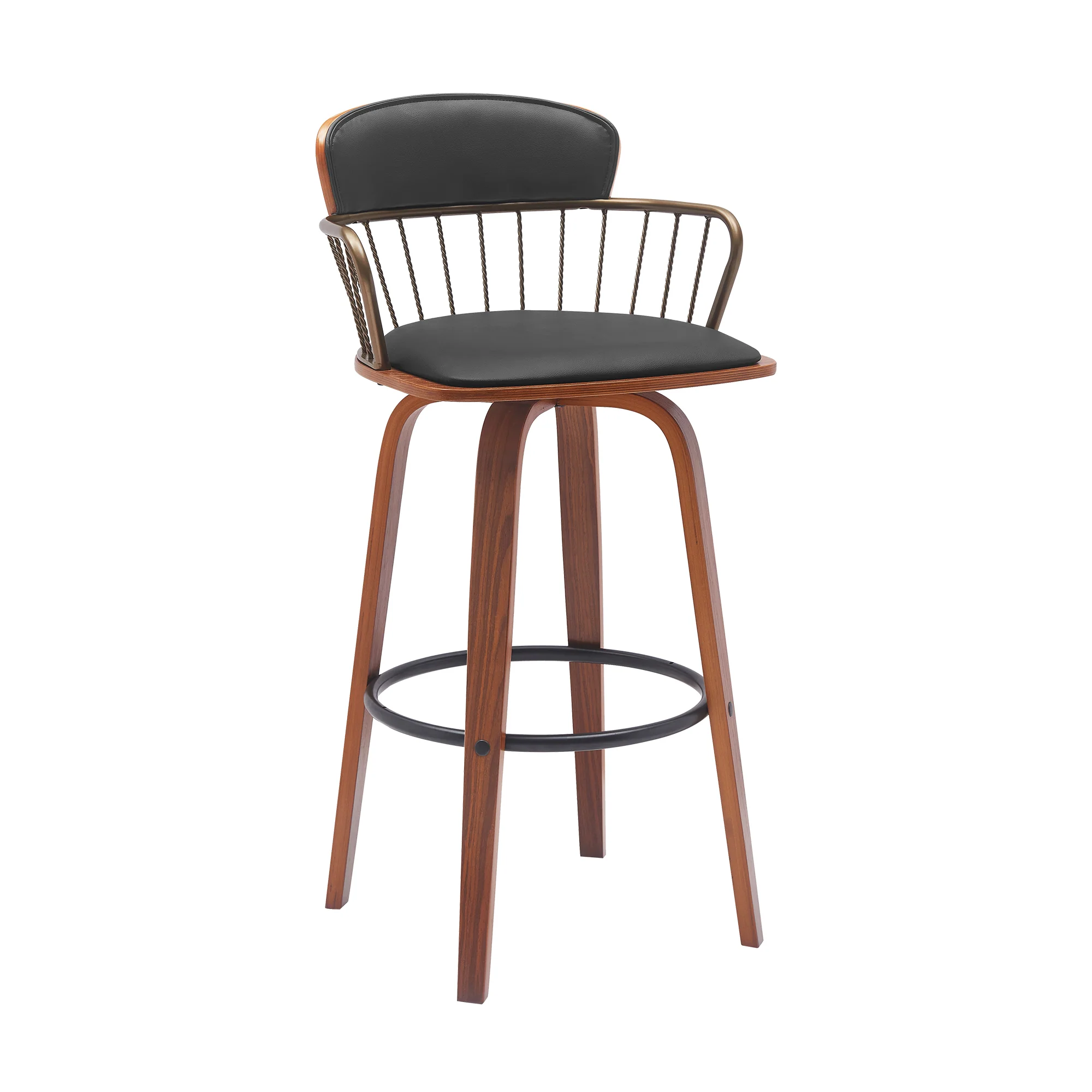 Willow 30" Swivel Walnut Wood Bar Stool in Gray Faux Leather with Golden Bronze Metal By Armen Living - Image 11