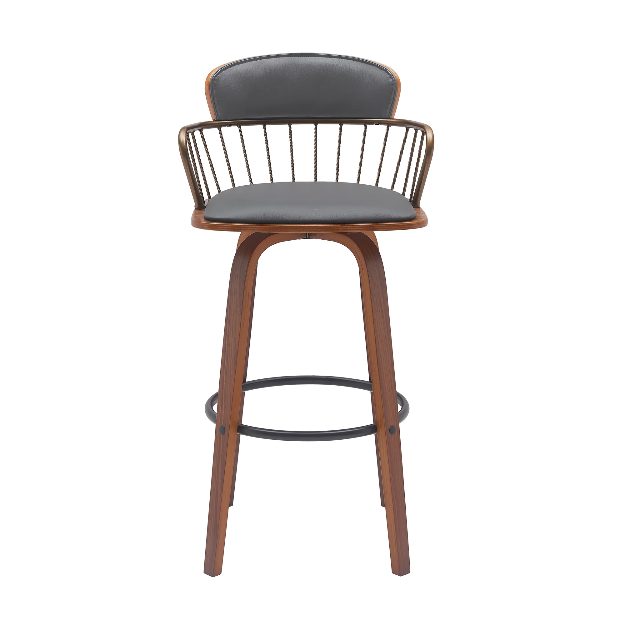 Willow 30" Swivel Walnut Wood Bar Stool in Gray Faux Leather with Golden Bronze Metal By Armen Living - Image 3