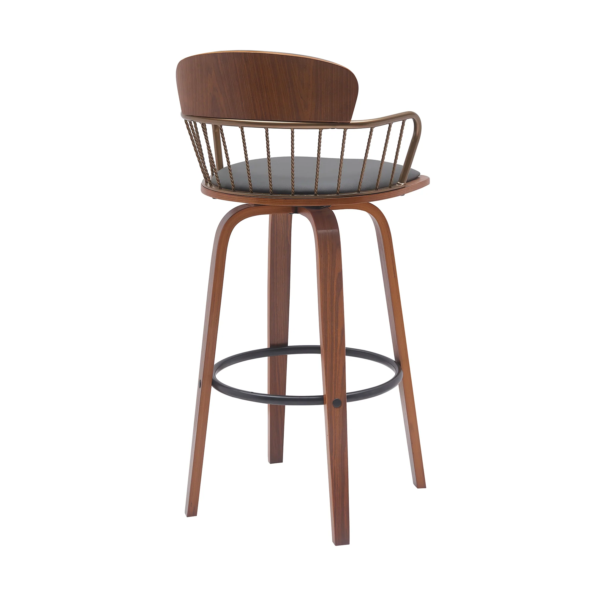 Willow 30" Swivel Walnut Wood Bar Stool in Gray Faux Leather with Golden Bronze Metal By Armen Living - Image 4