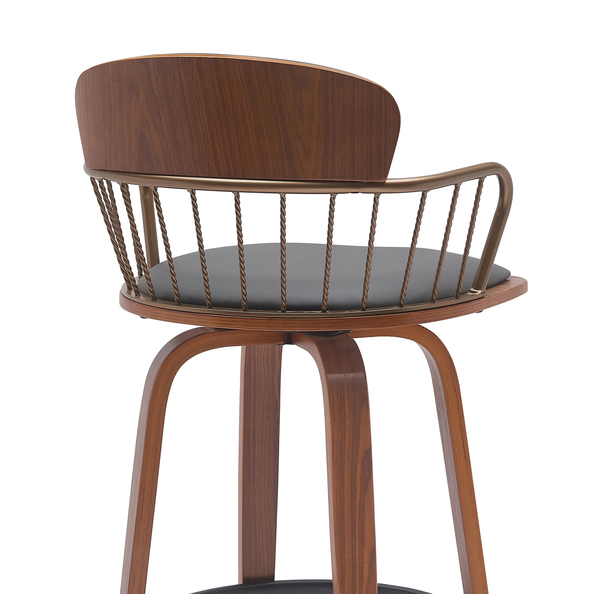 Willow 30" Swivel Walnut Wood Bar Stool in Gray Faux Leather with Golden Bronze Metal By Armen Living - Image 5