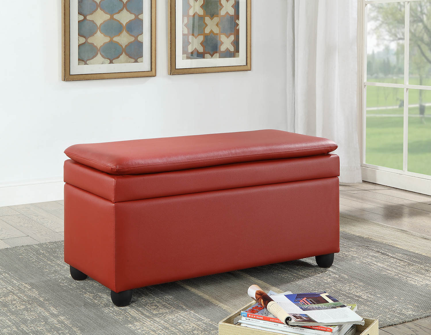 Wine PU Upholstery Bench wStorage By Homeroots - Image 2