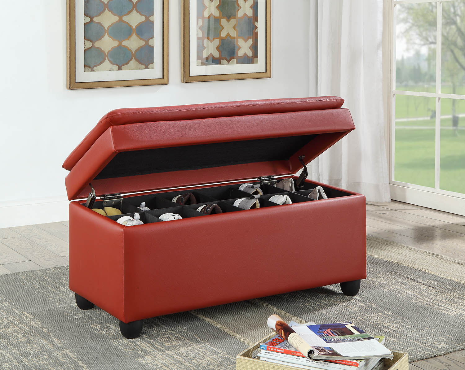 Wine PU Upholstery Bench wStorage By Homeroots - Image 3