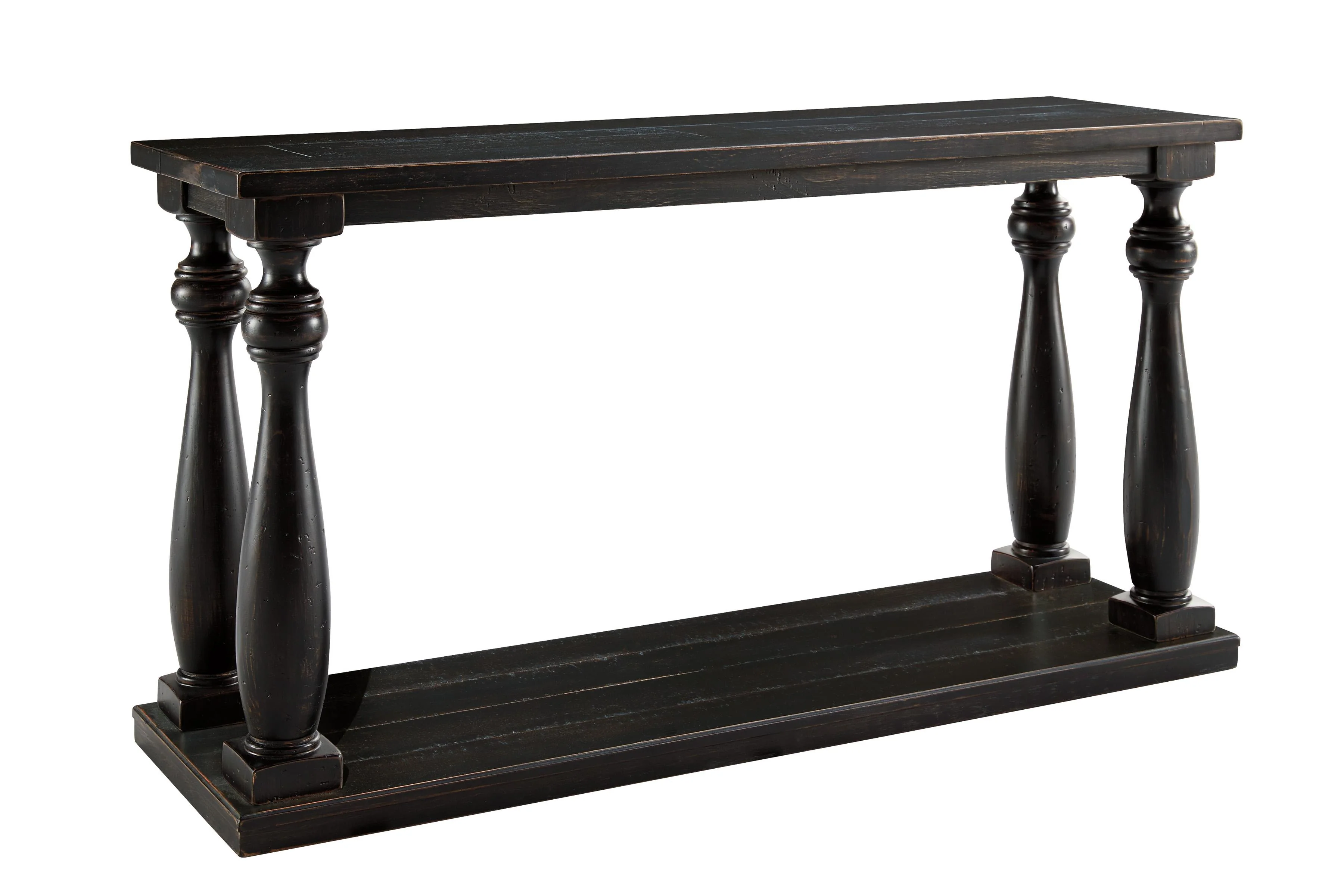 Wire Brush Wooden Frame Sofa Table With Turned Legs, Antique Black By Benzara - Image 2