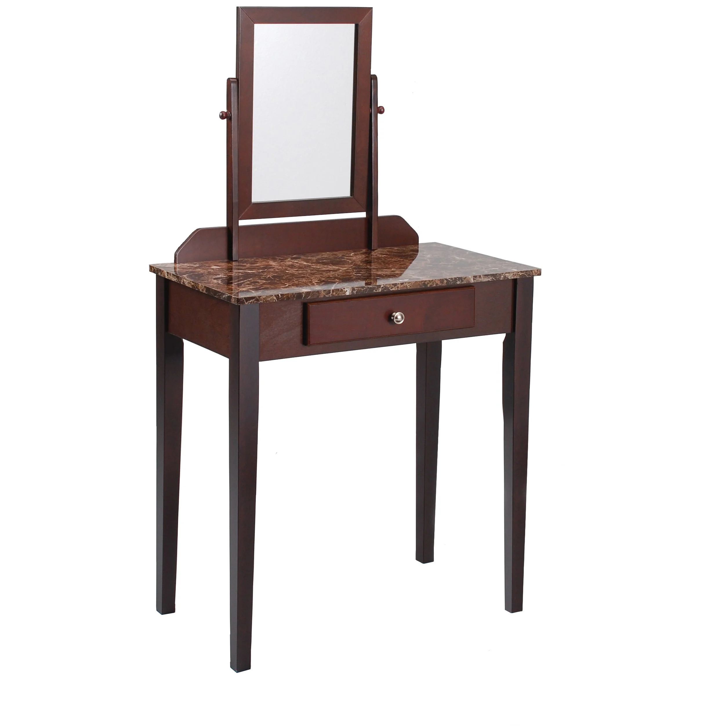Wood and Faux Leather Vanity Set with Faux Marble Top, Brown By Benzara - Image 3