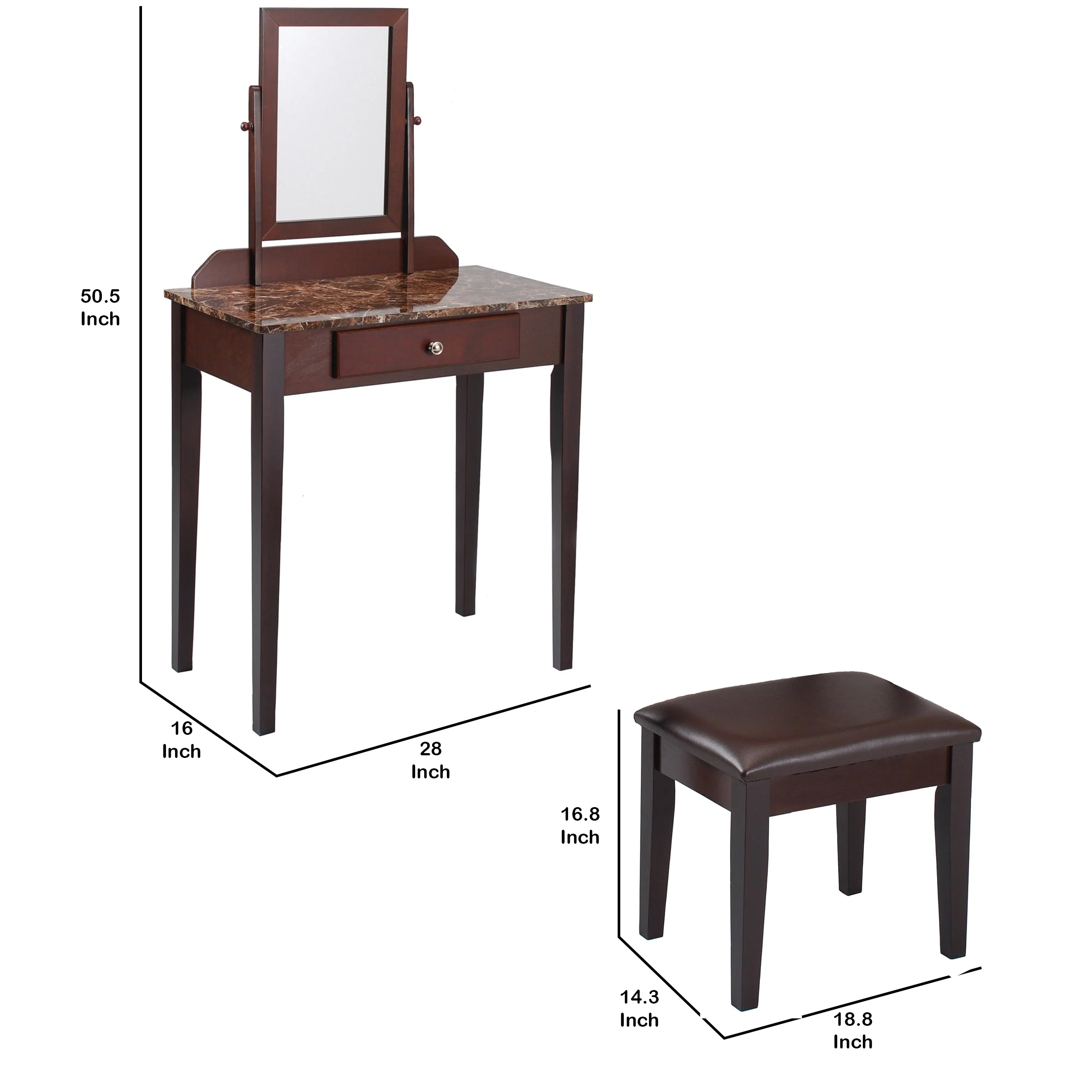 Wood and Faux Leather Vanity Set with Faux Marble Top, Brown By Benzara - Image 5