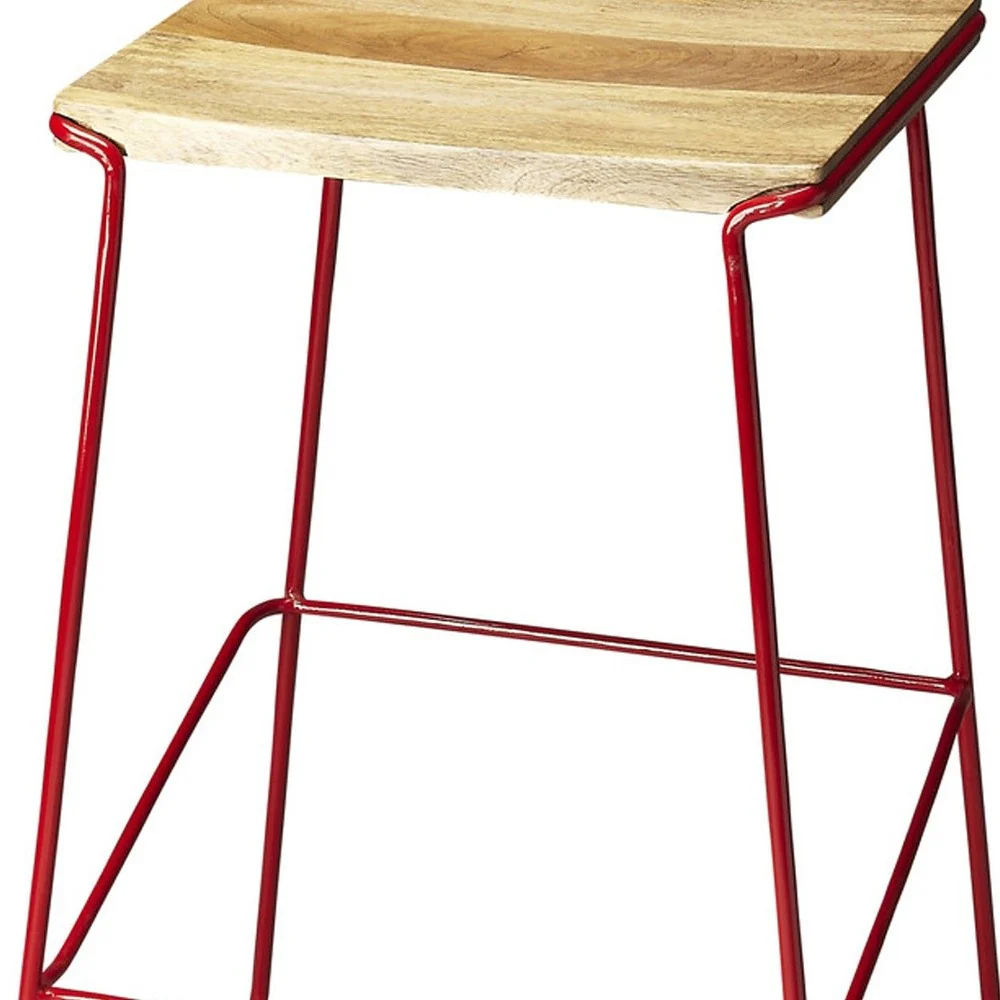 Wood And Red Metal Bar Stool By Homeroots - Image 4