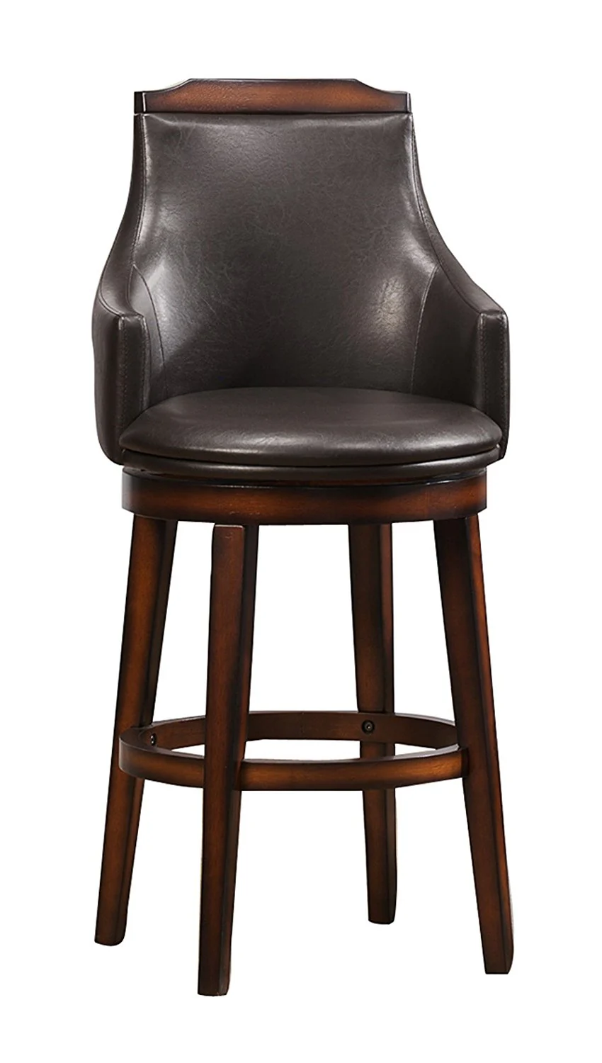 Wood & Leather Bar Height Chair With Swivel Mechanism, Oak Brown & Black, Set Of 2 By Benzara - Image 2