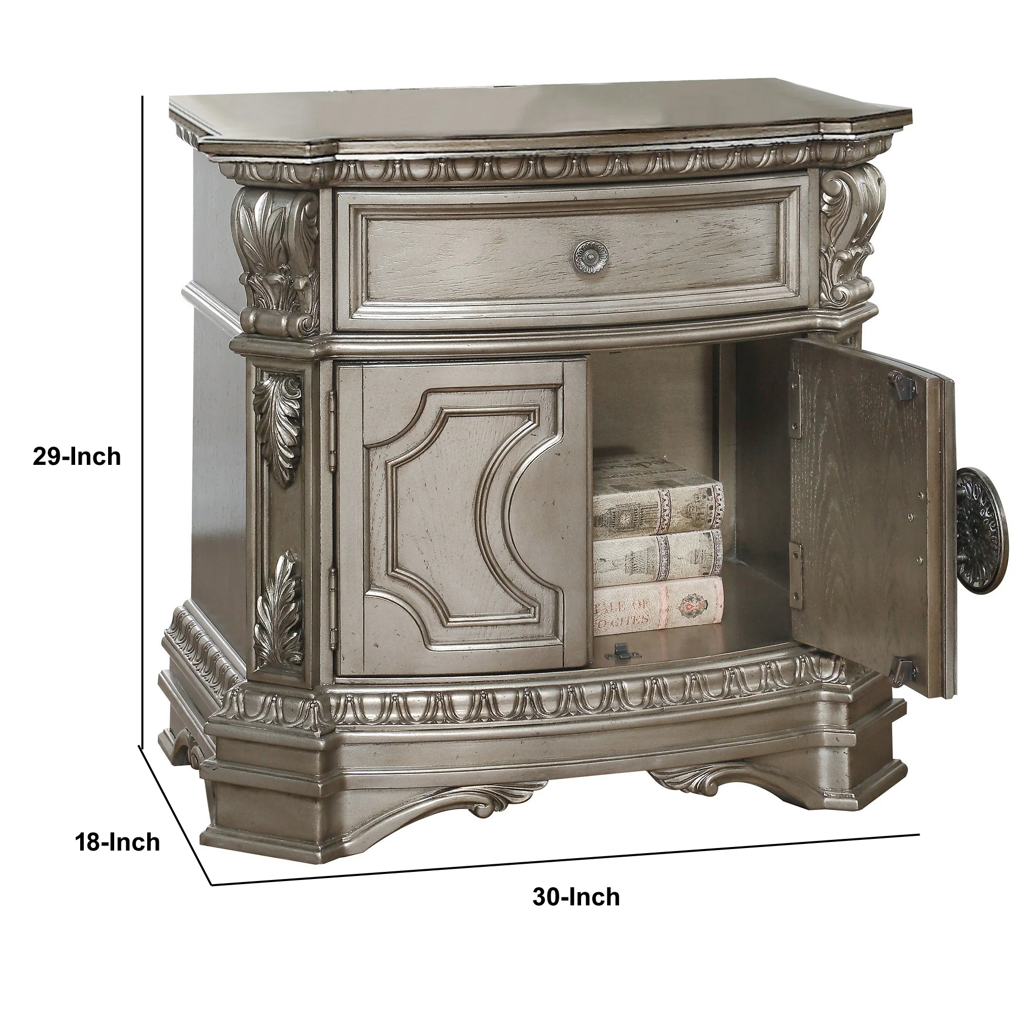 Wood Top Nightstand With One Drawer And Two Door Shelf, Antique Champagne By Benzara - Image 2
