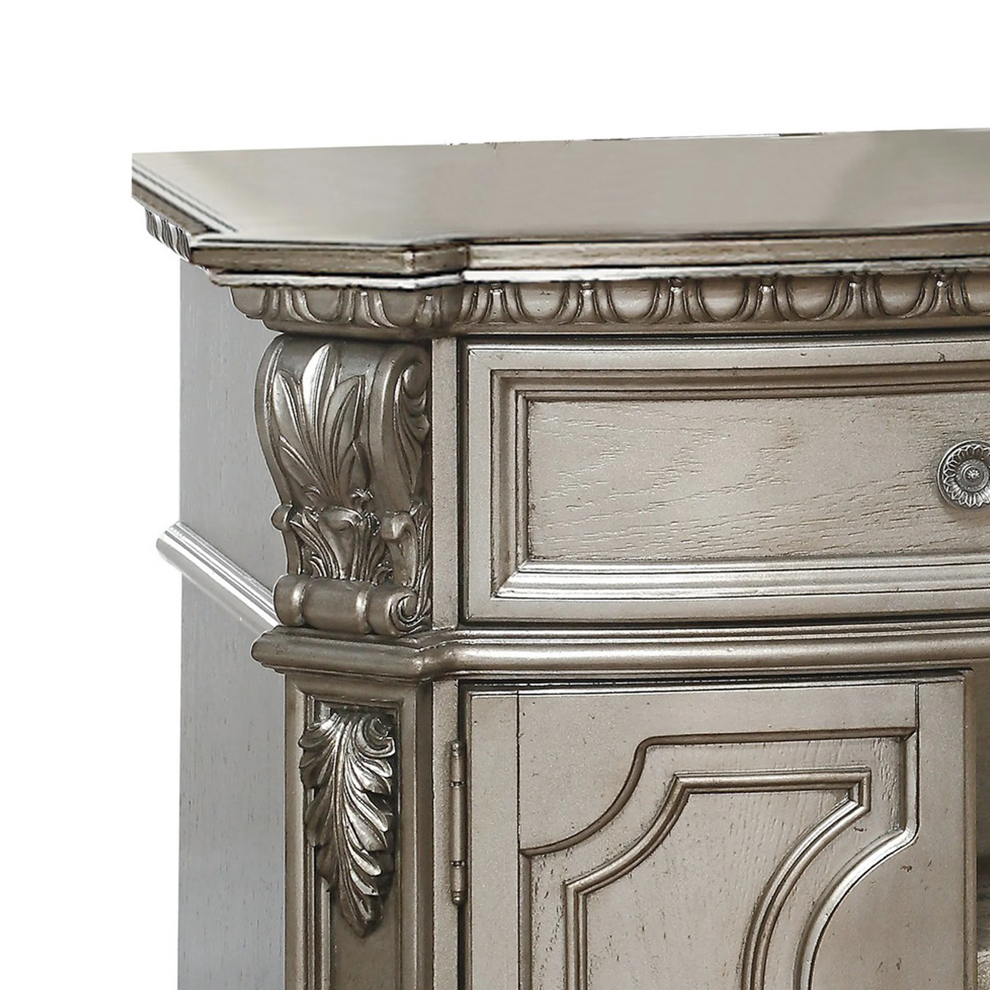 Wood Top Nightstand With One Drawer And Two Door Shelf, Antique Champagne By Benzara - Image 3