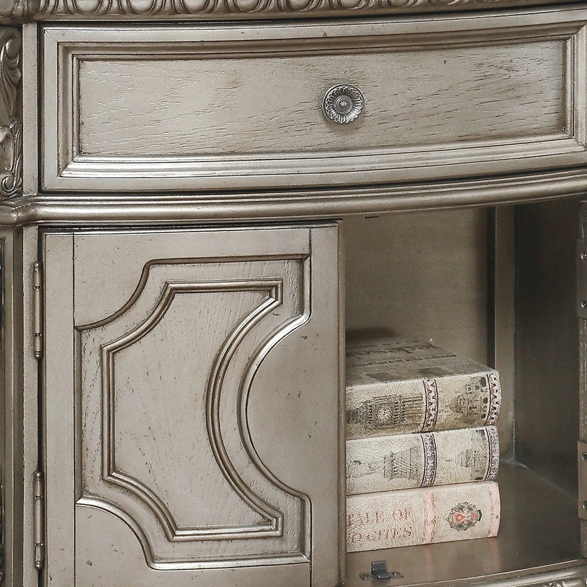 Wood Top Nightstand With One Drawer And Two Door Shelf, Antique Champagne By Benzara - Image 4